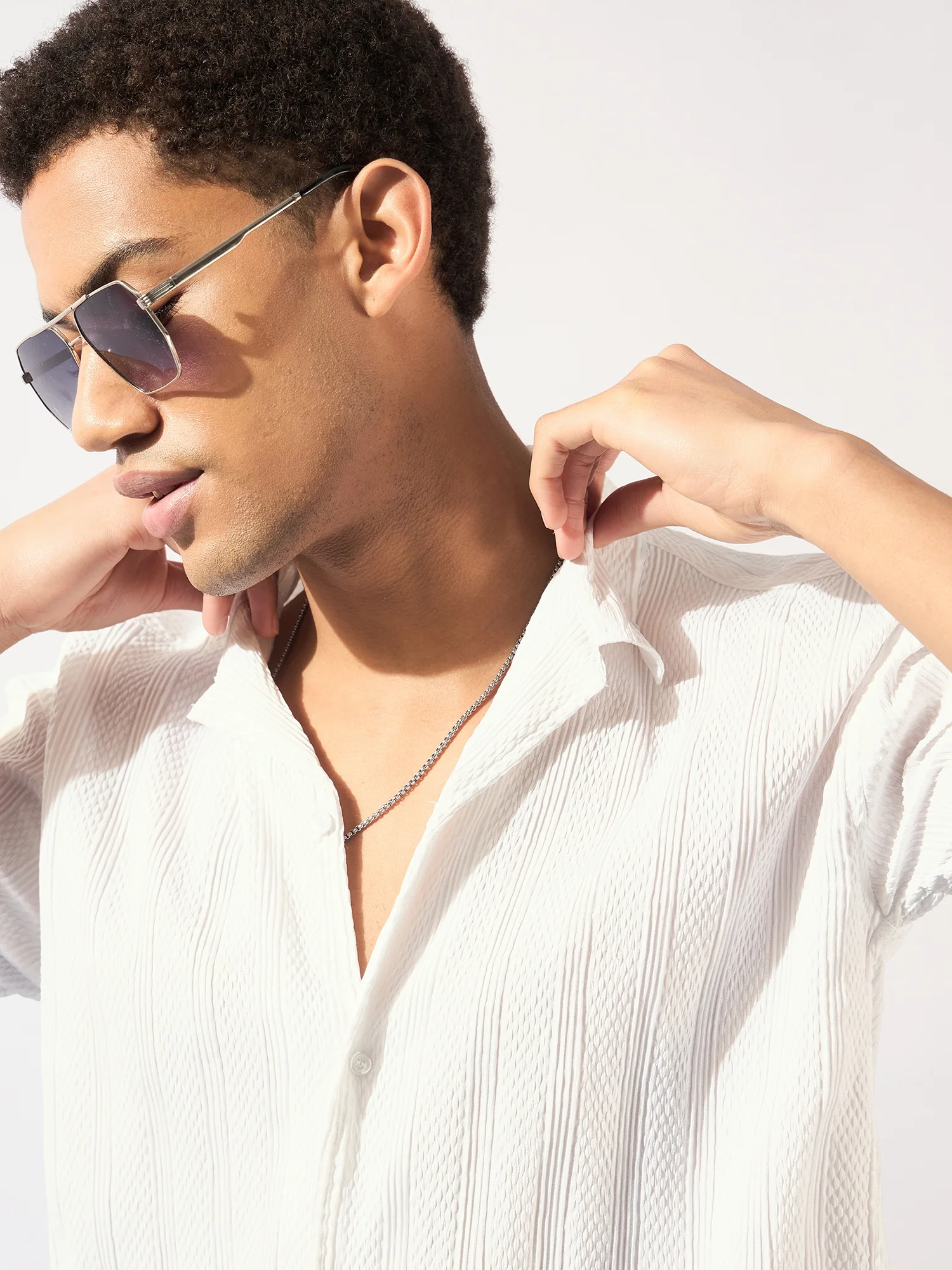 White: Self Design Oversized Casual Shirt