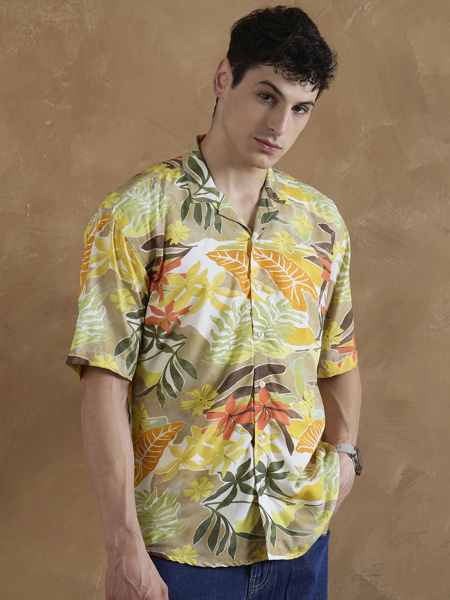 Orange: Half Sleeves Tropical Printed Shirt