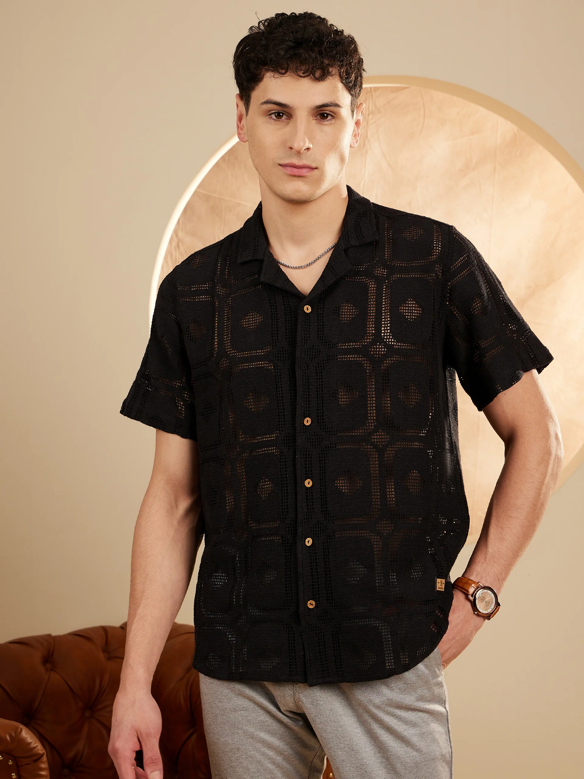 Black: Half Sleeves Semi Sheer crochet Shirt
