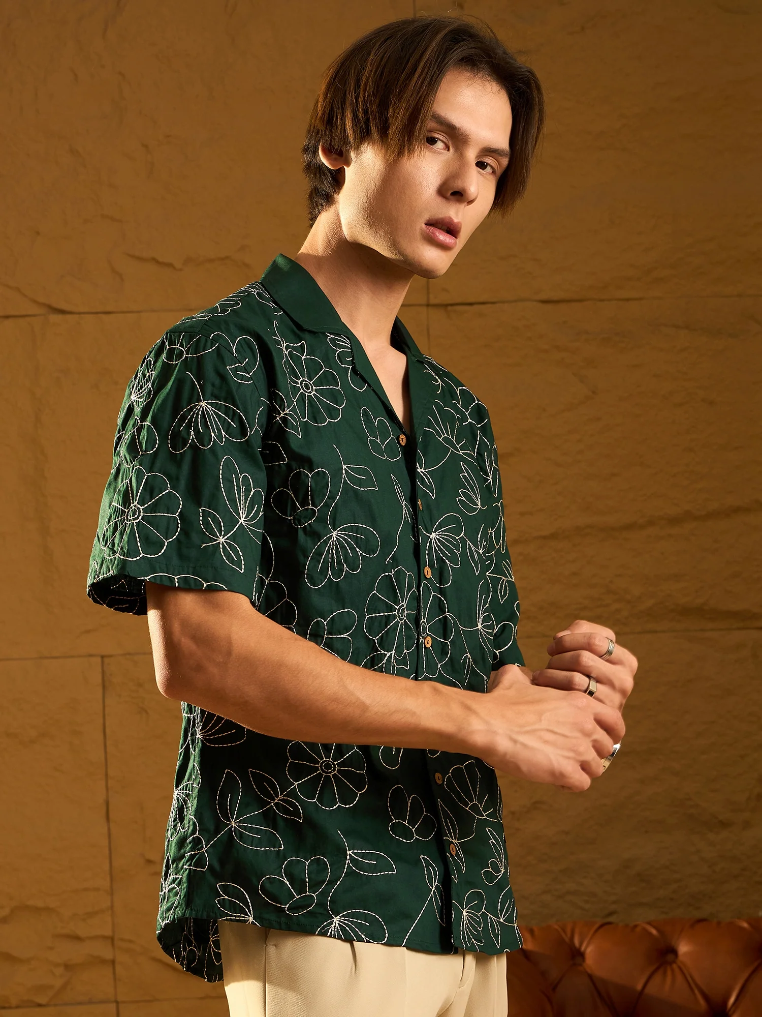 Green: Half Sleeves Embroidery Oversized Shirt