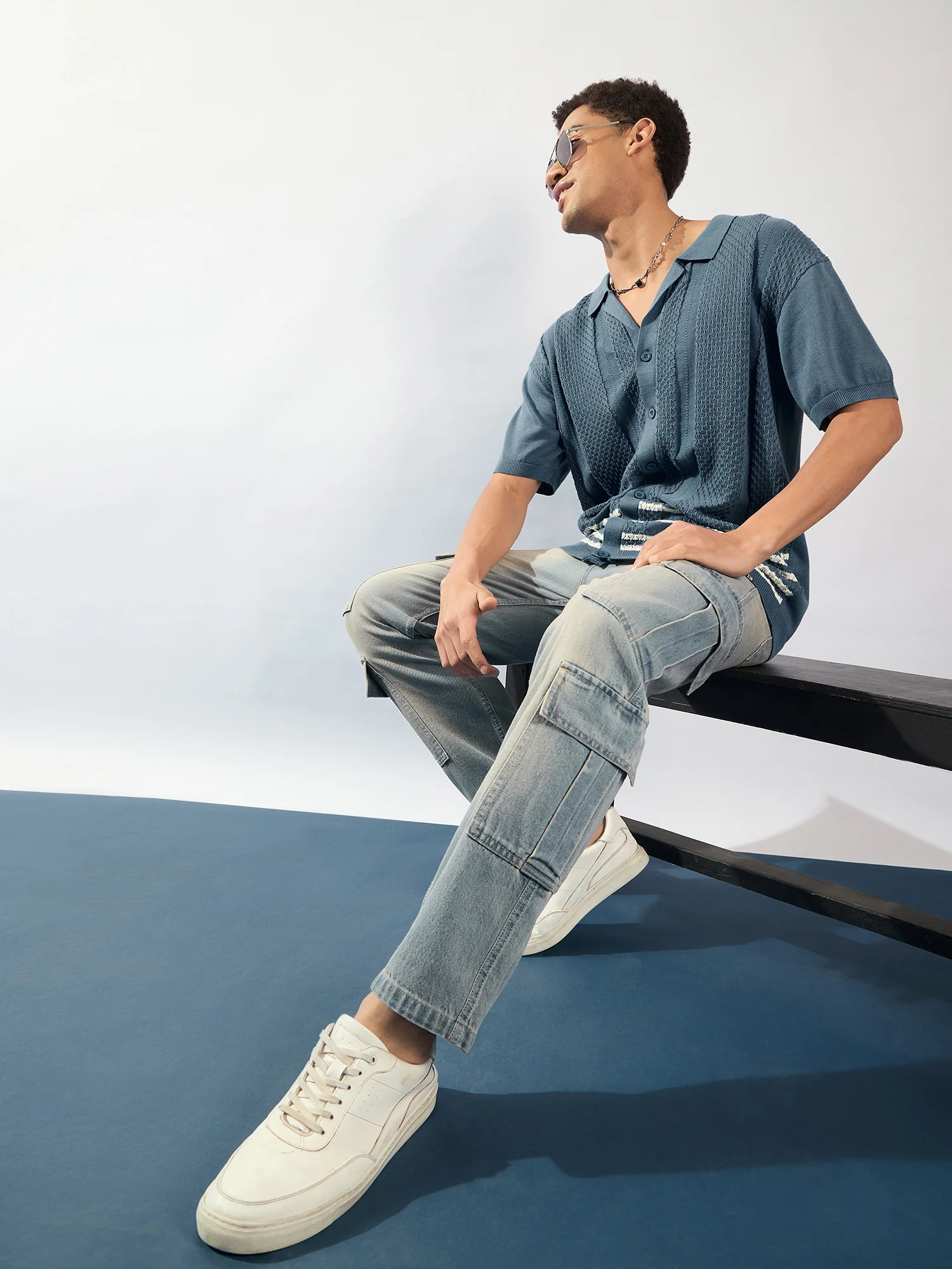 Blue: Korean Baggy Fit Cargo Jeans