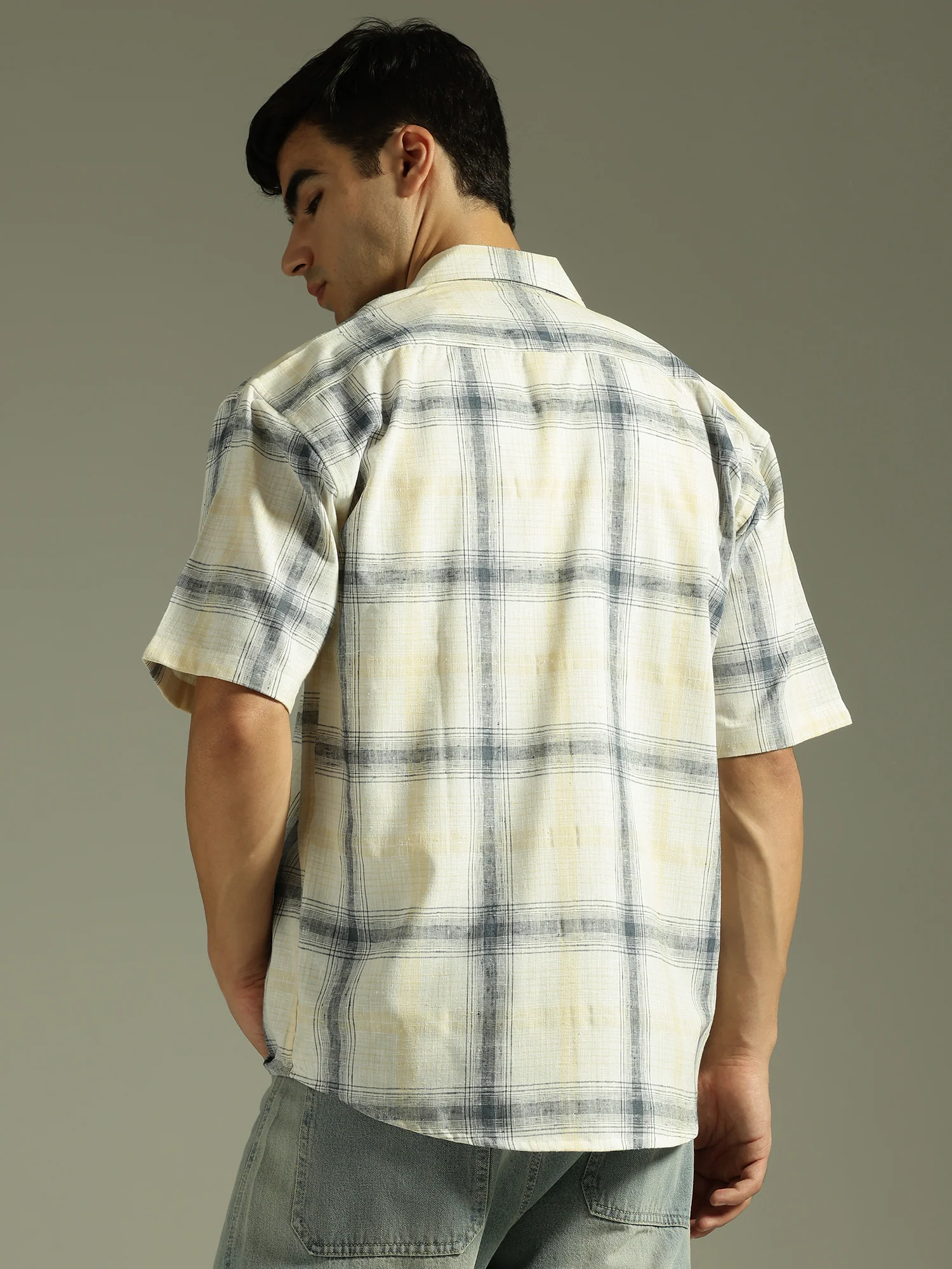White & Beige: Half Sleeves Windowpane Checks Shirt