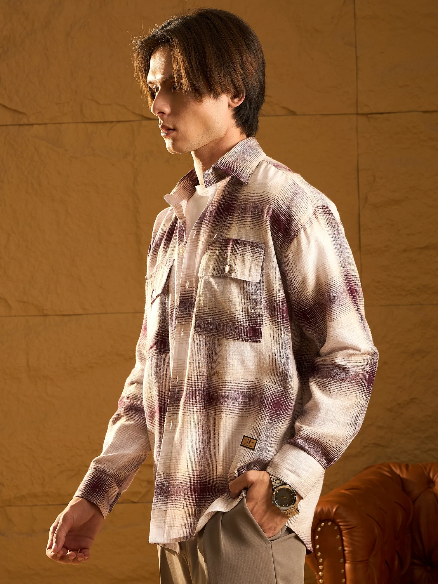 Double Pocket Drop Shoulder Oversized Cotton Checked Shacket