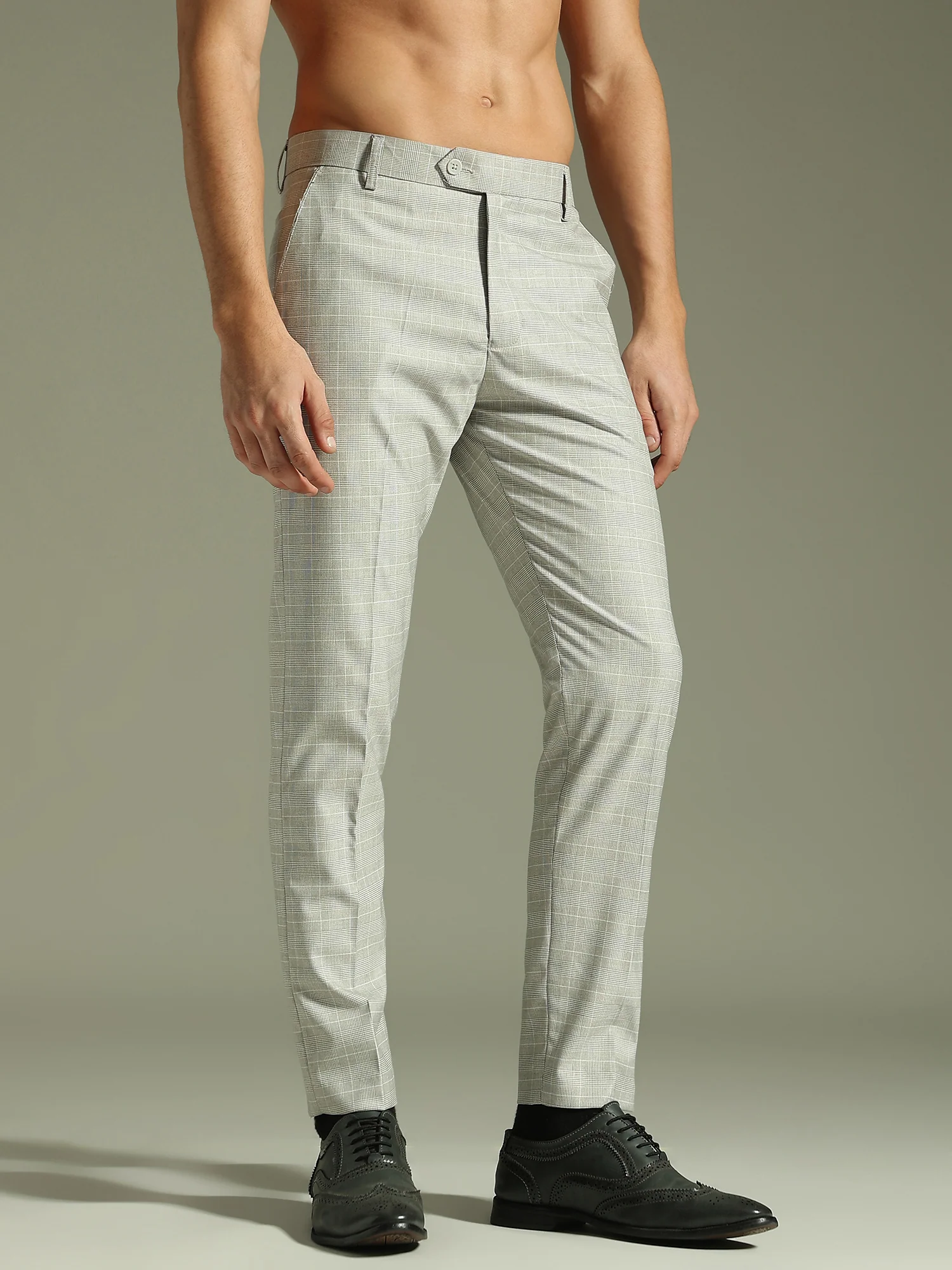Deep Beige: Checkered Tapered Fit Casual Trouser