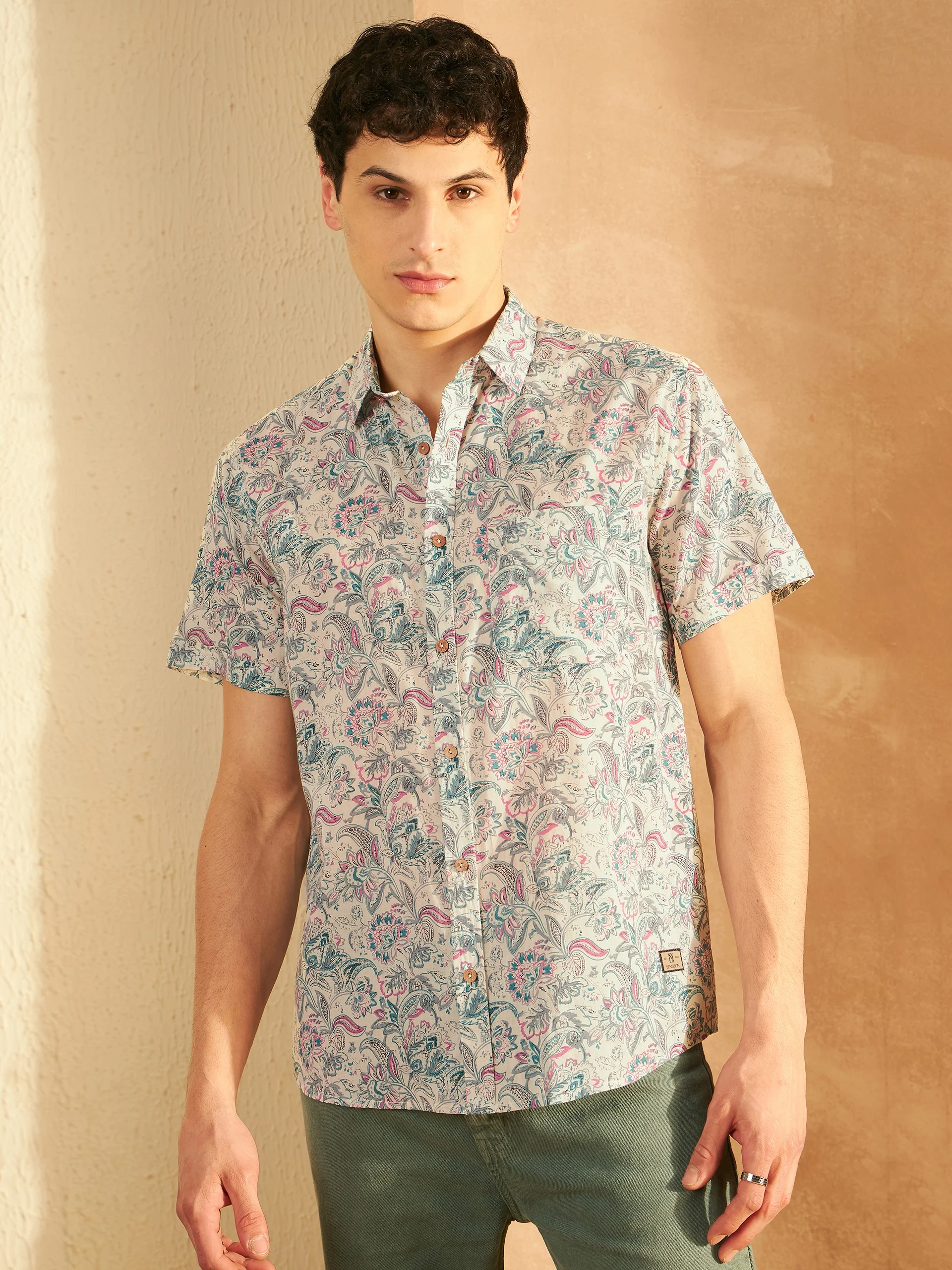 Cream & Blue: Half Sleeves Block Printed Shirt