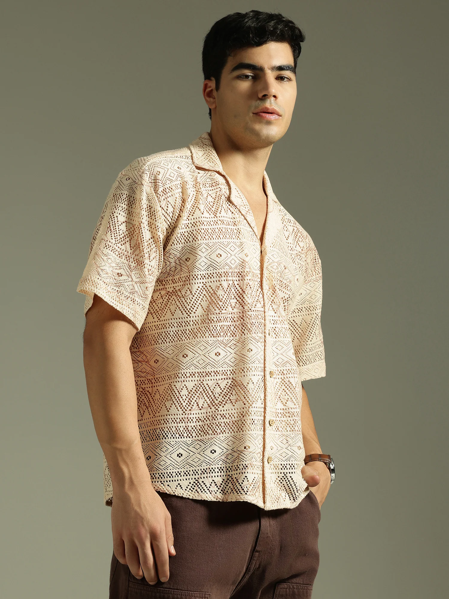 Beige: Half Sleeves Schiffli Semi Sheer Oversized Shirt