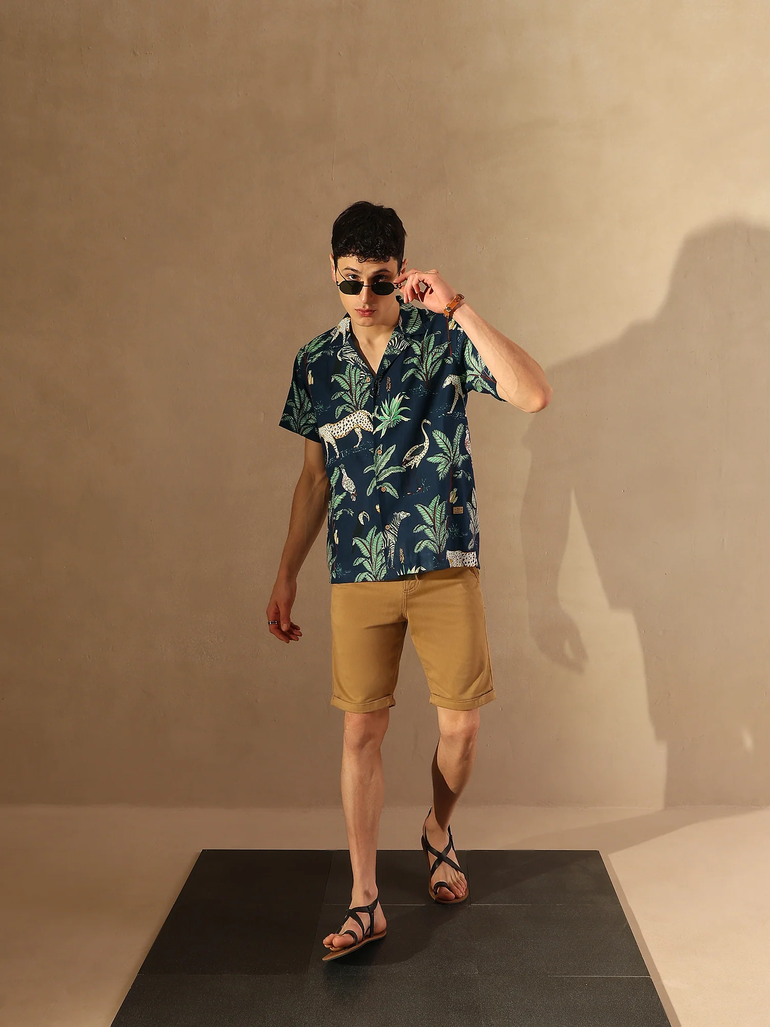 Navy Blue: Half Sleeves Block Printed Shirt