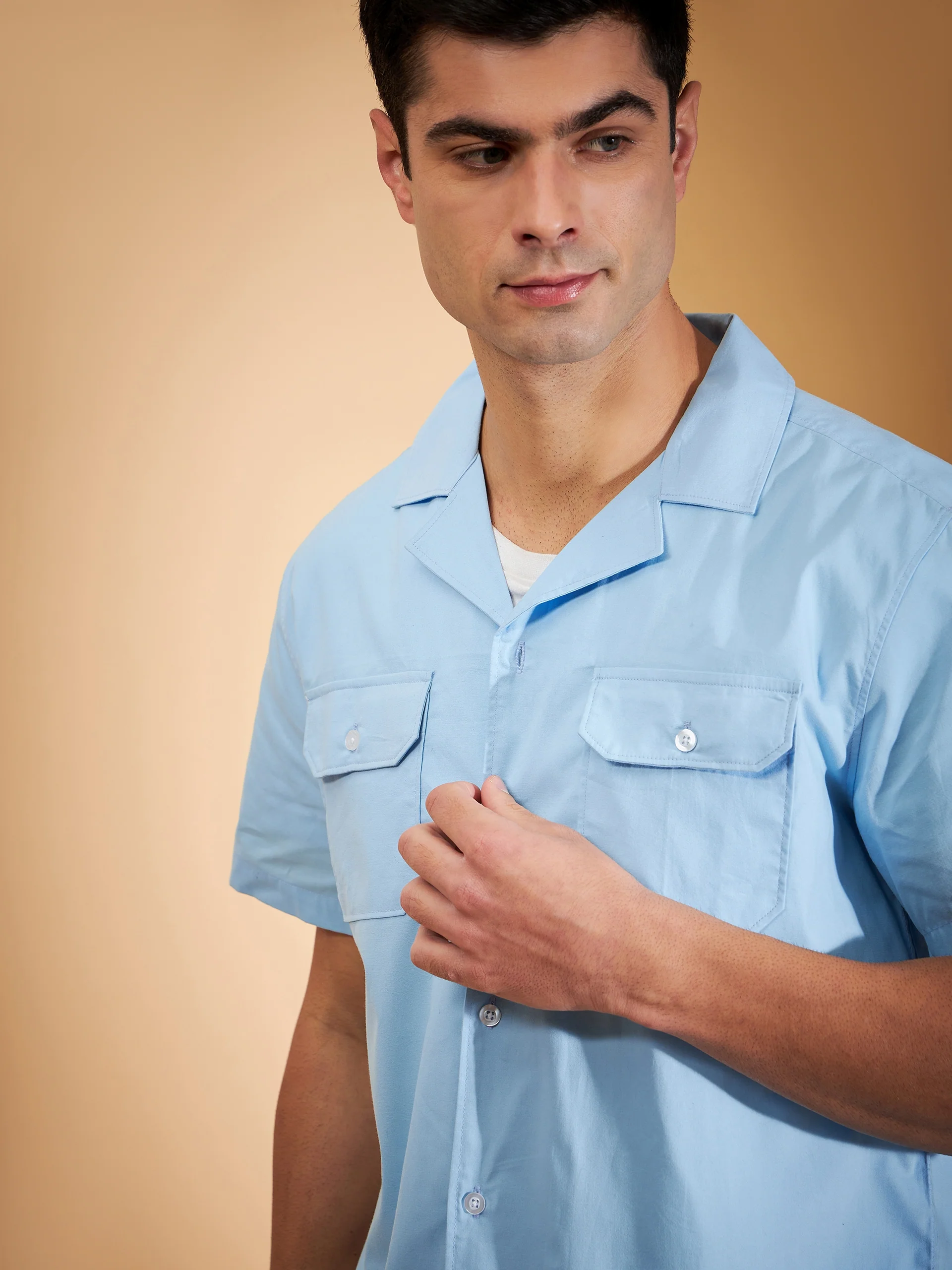 DENNISON Men Sky Blue Coord Set | Solid Shirt With Straight Fit Pant