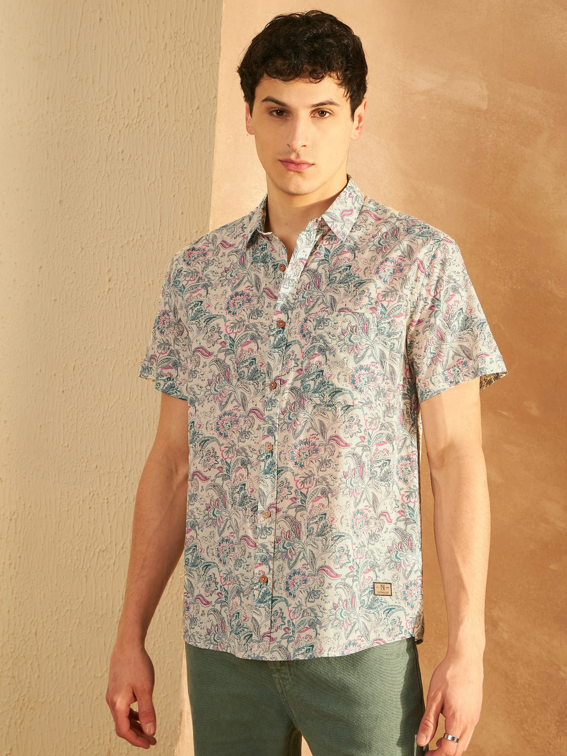 Cream & Blue: Half Sleeves Block Printed Shirt