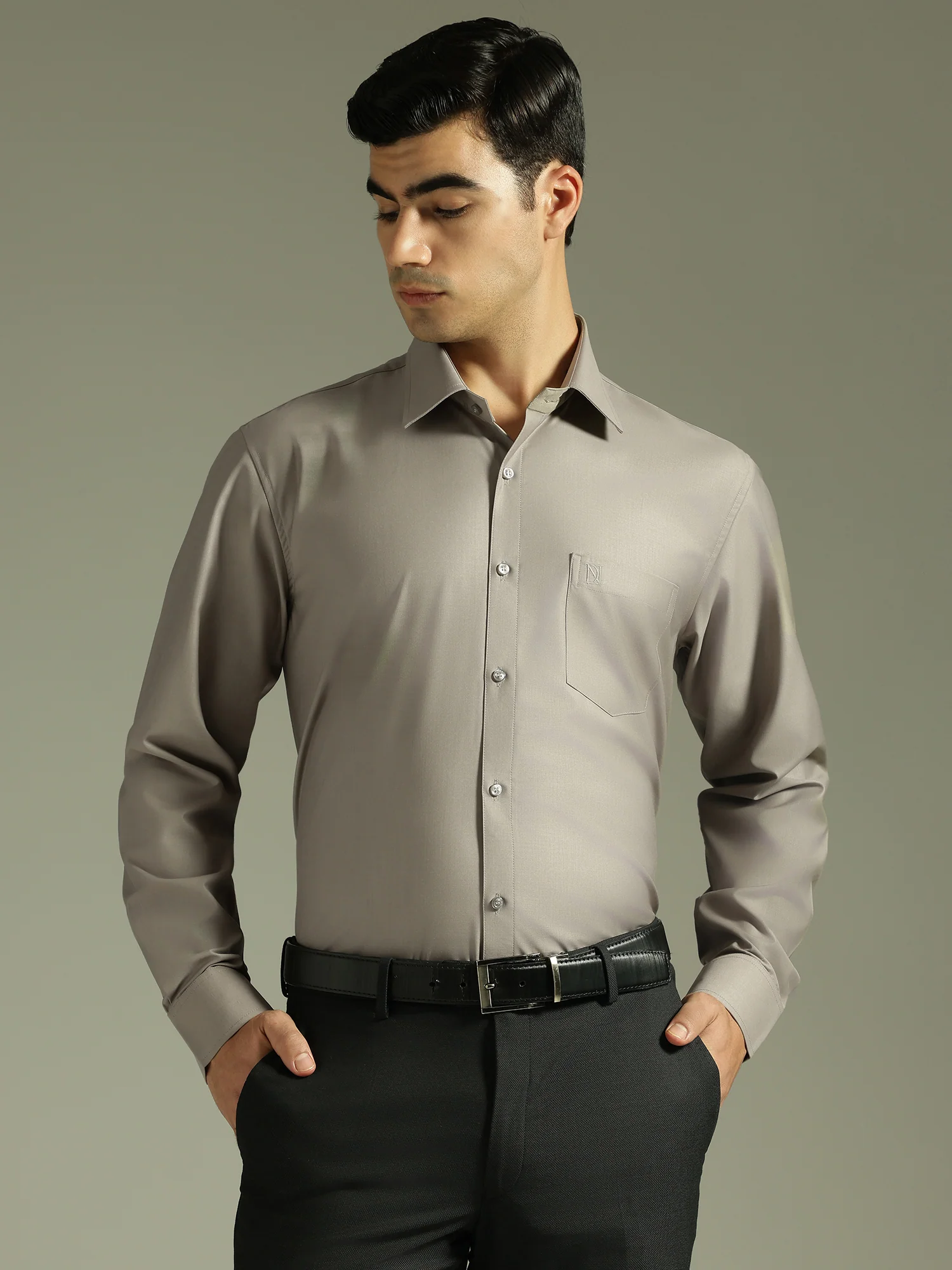 Stone Grey: Spread Collar Formal Shirt