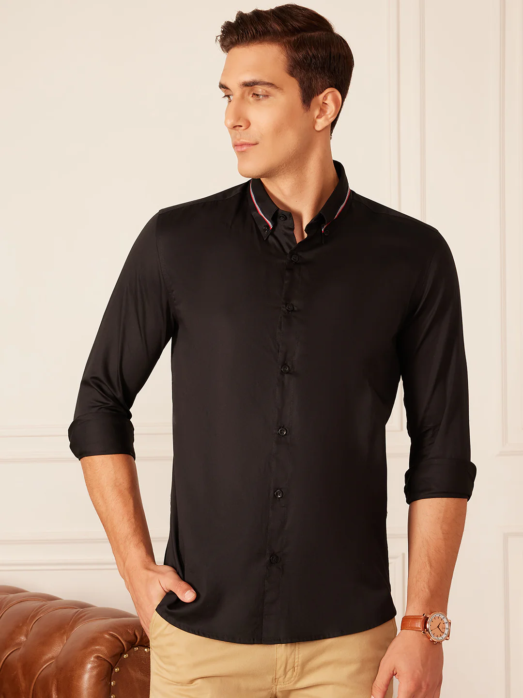 Black: Full Sleeves Tape On Collar Formal Shirt