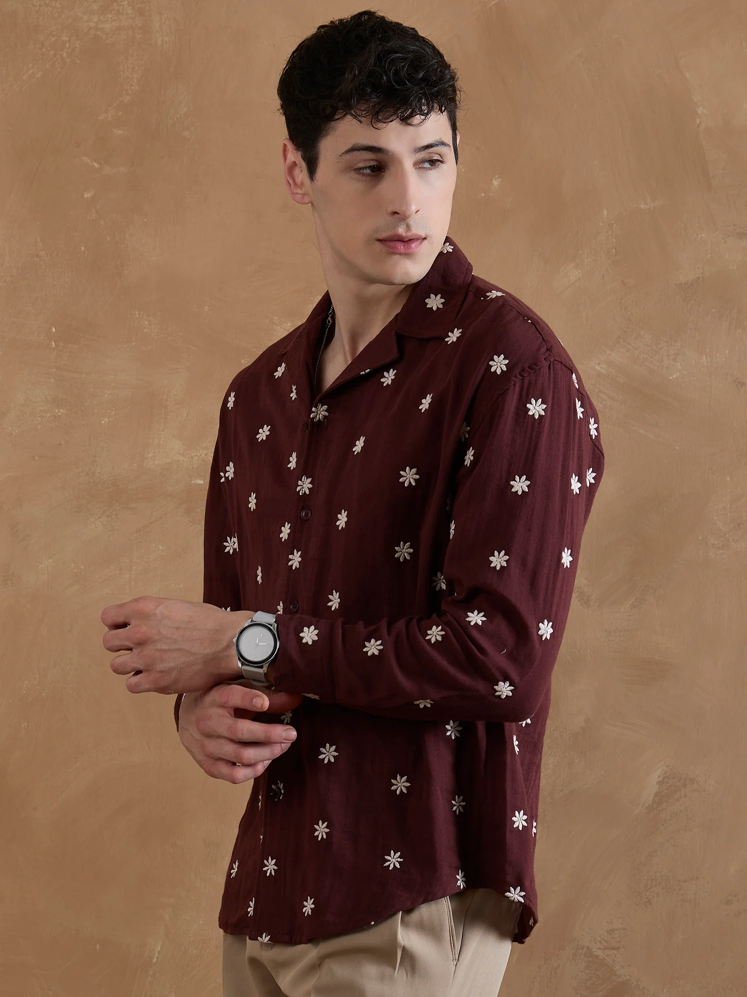 Maroon: Full Sleeves Muslin Embroidered Shirt