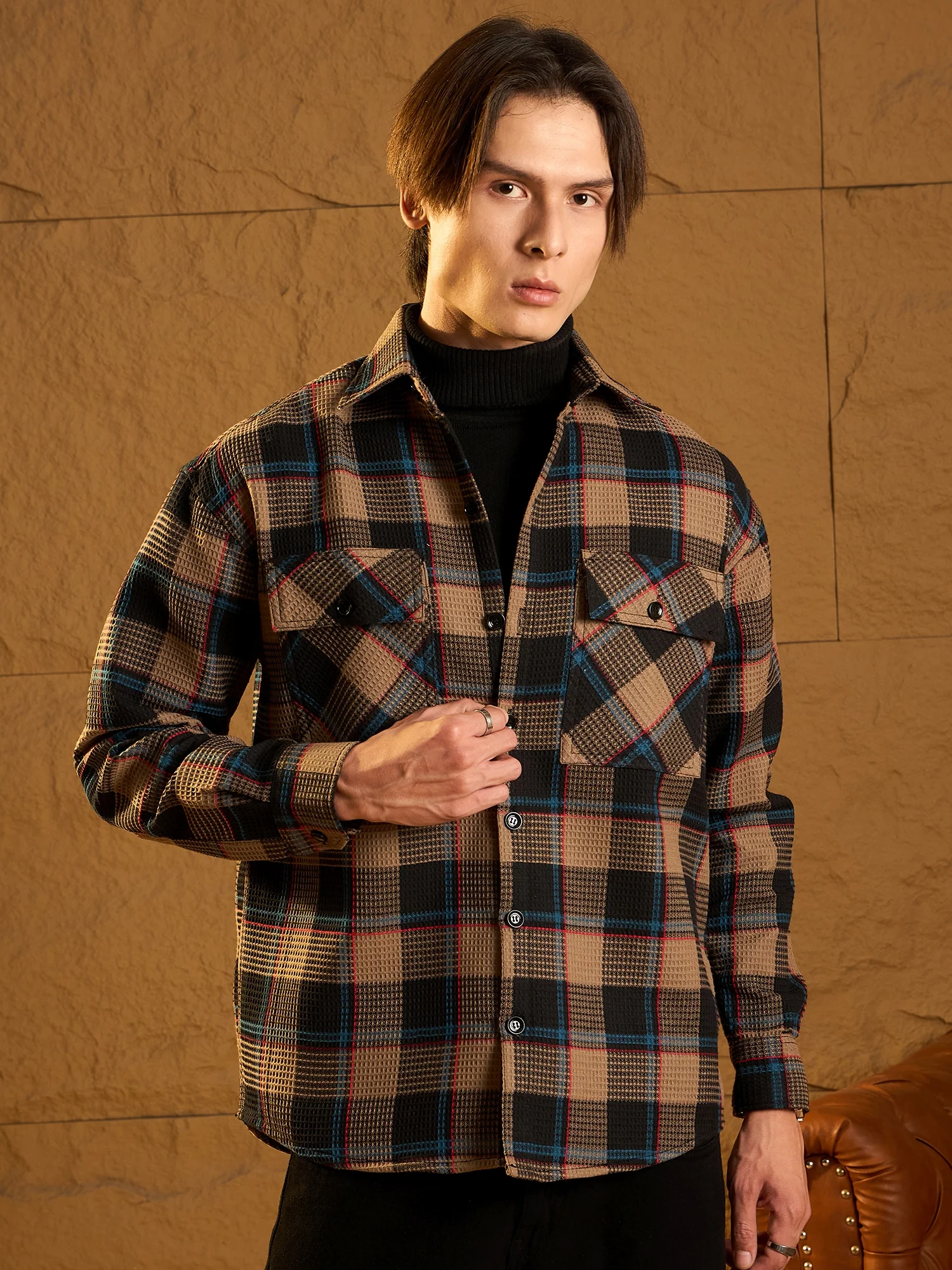 Brown & Black: Oversized Cotton Checked Shacket