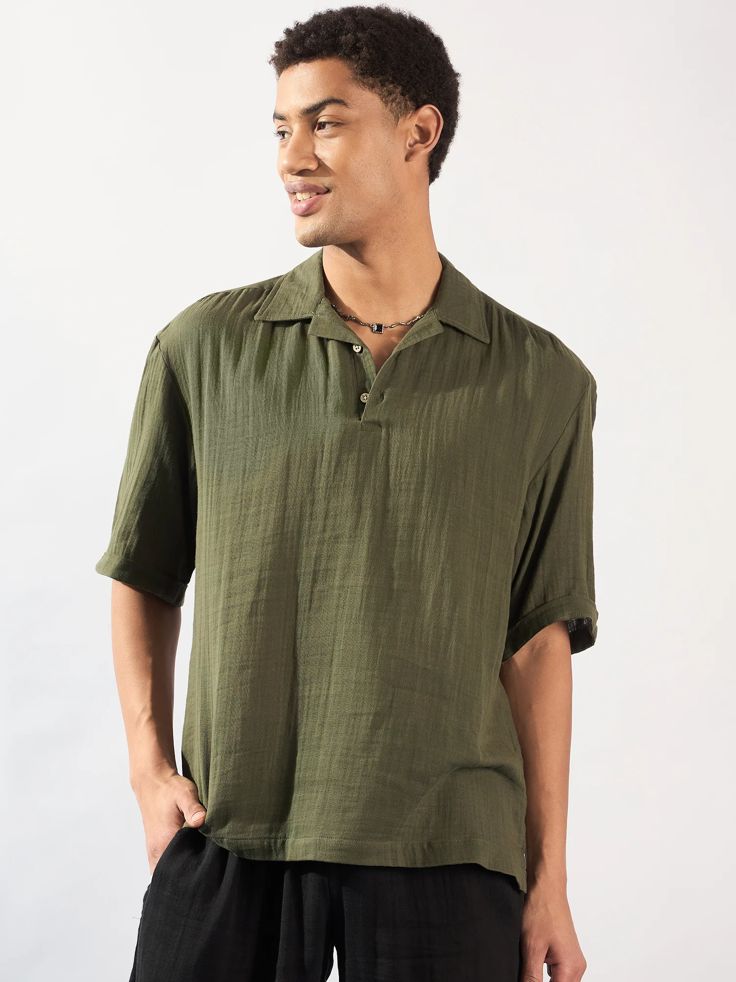 Green: Half Sleeves Muslin Oversized Kurta Shirt