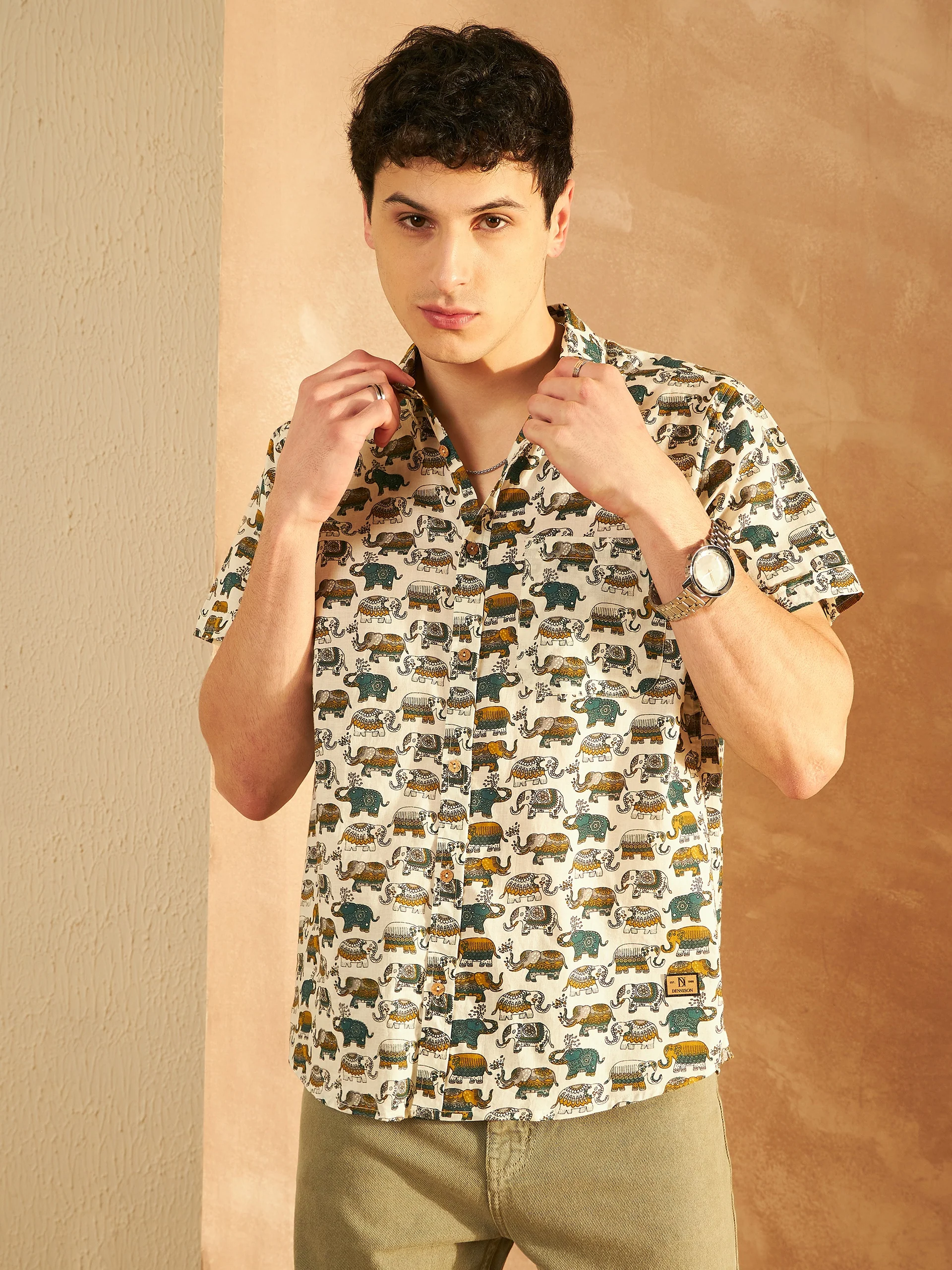 Cream & Mustard: Half Sleeves Block Printed Shirt