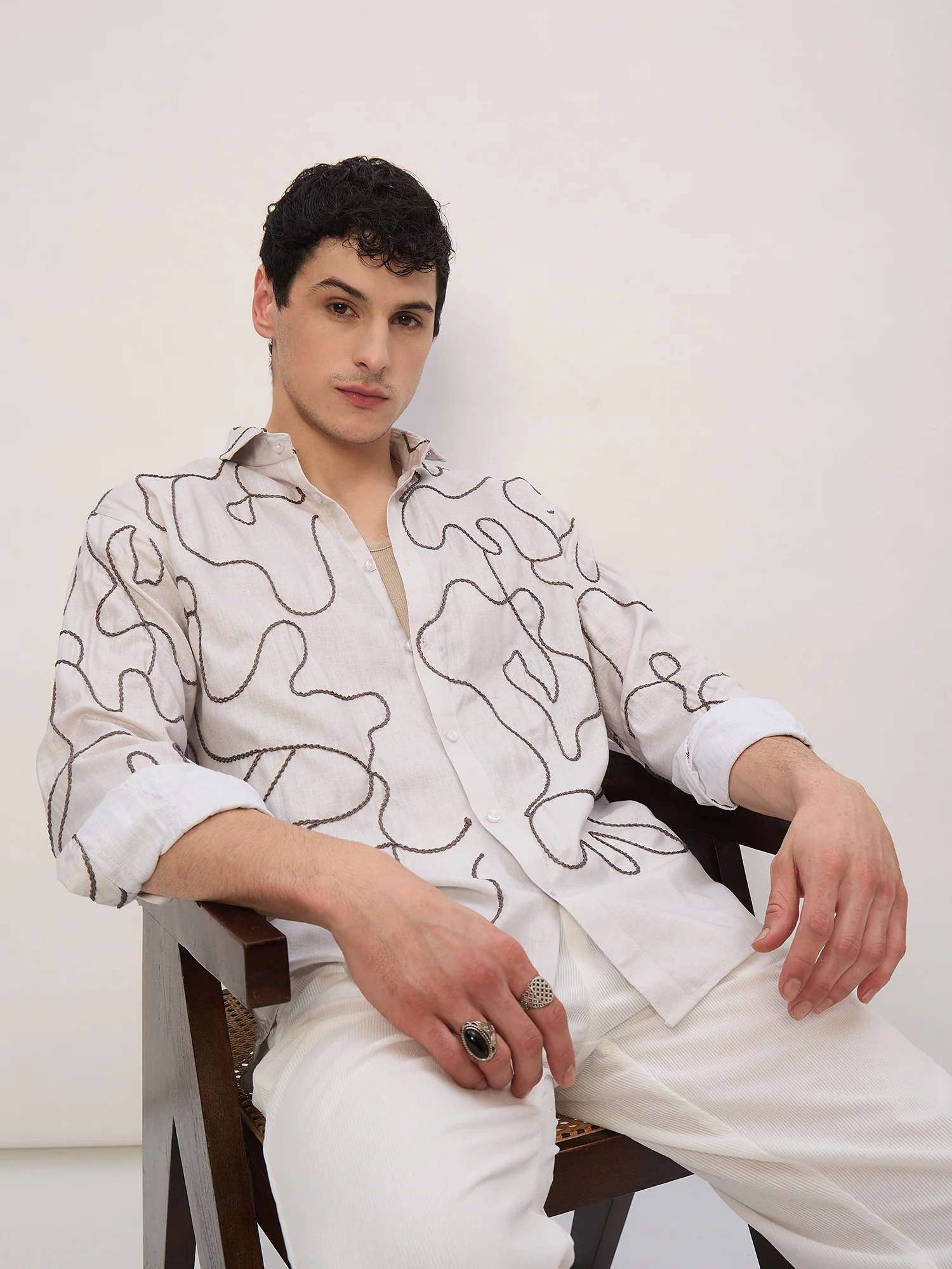 Beige & Grey: Half Sleeves Embroidered Shirt