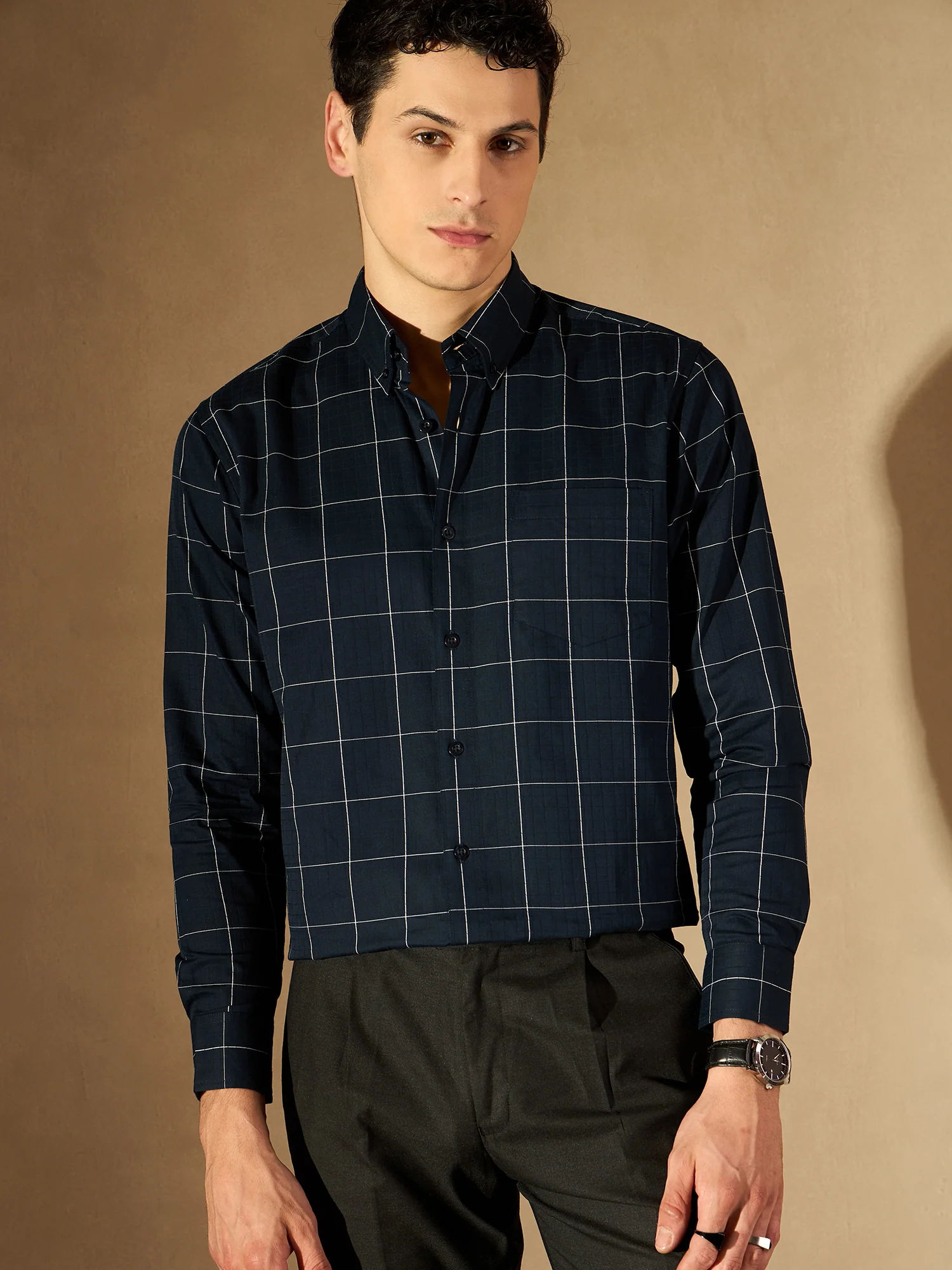 Navy Blue: Full Sleeves Checked Formal Shirt