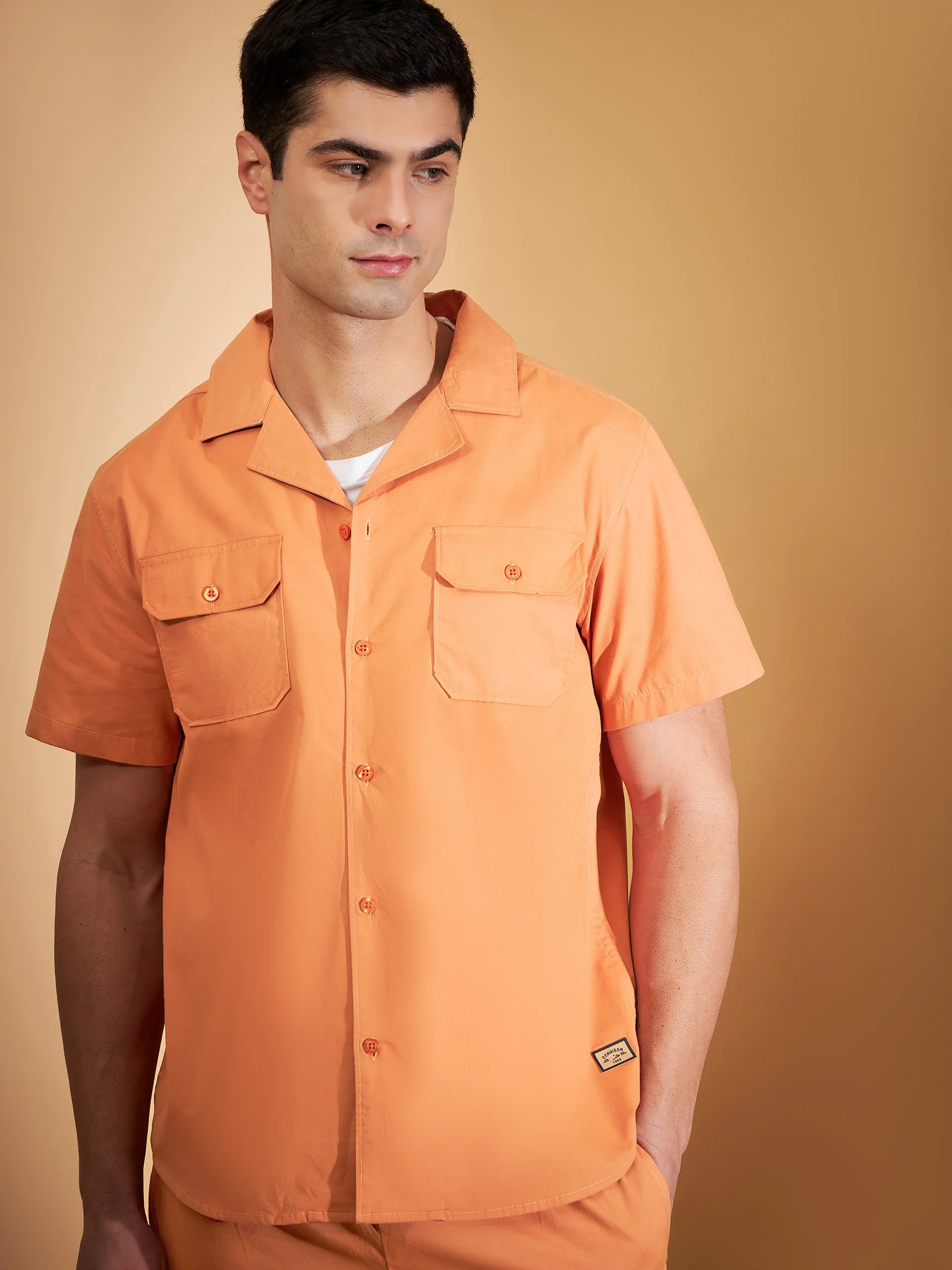 DENNISON Men Orange Coord Set | Solid Shirt With Straight Fit Pant