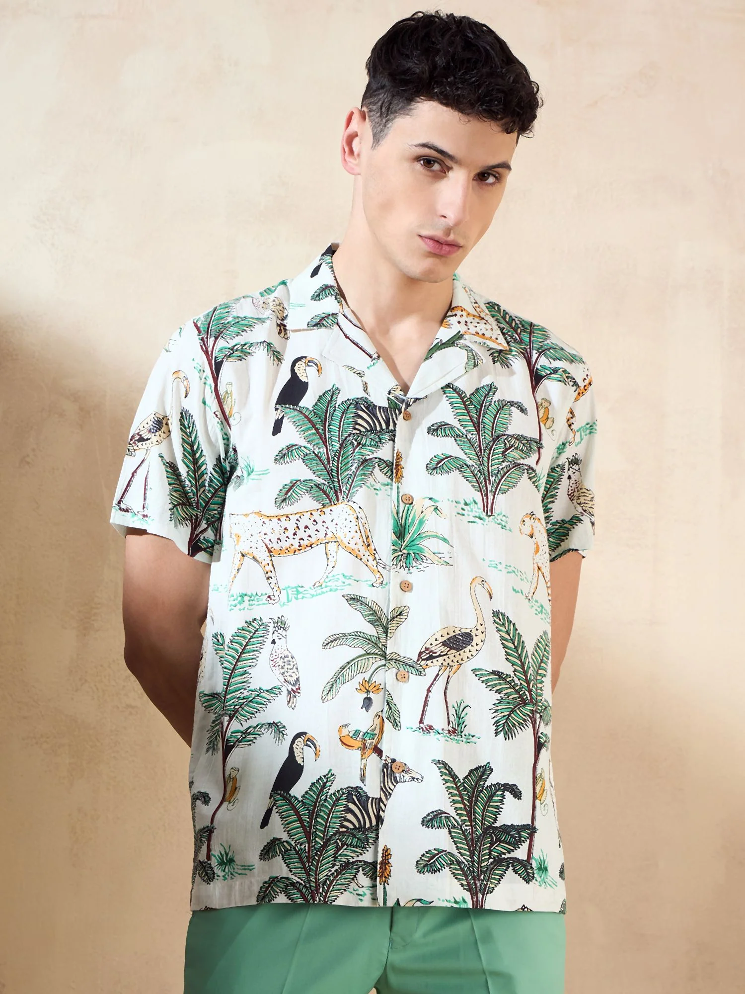 Cream: Half Sleeves Casual Printed Shirt