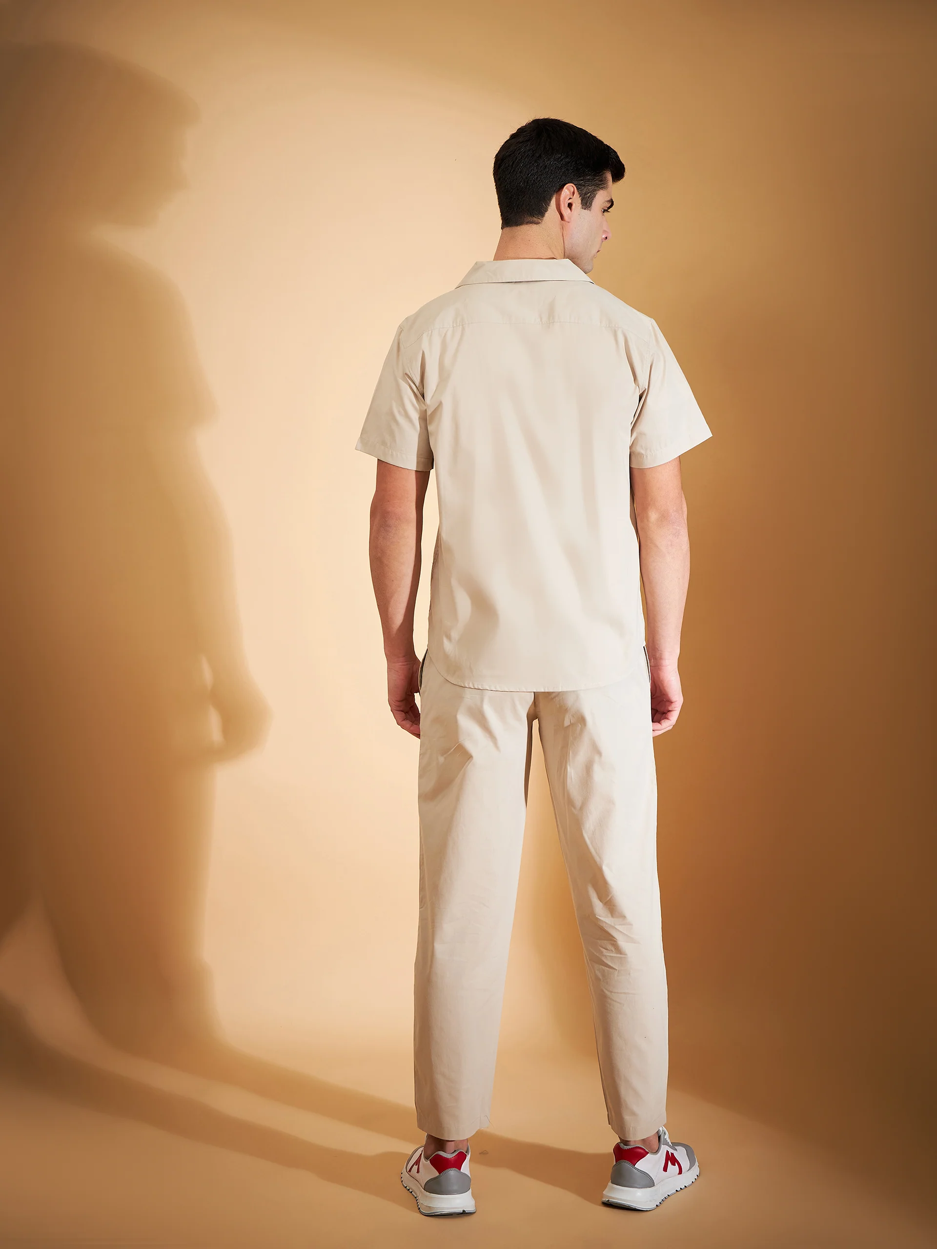 DENNISON Men Beige Coord Set | Solid Shirt With Straight Fit Pant