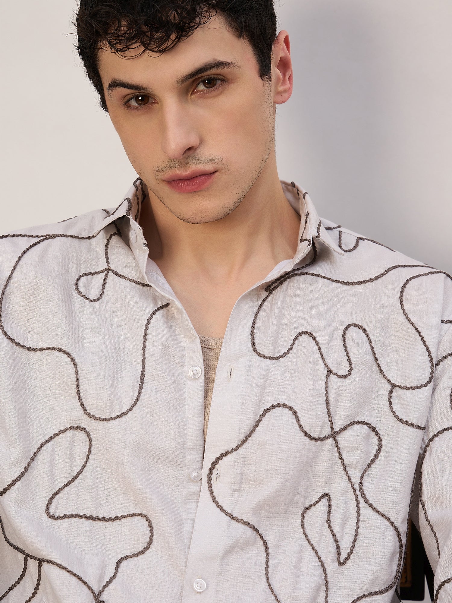 Beige & Grey: Half Sleeves Embroidered Shirt
