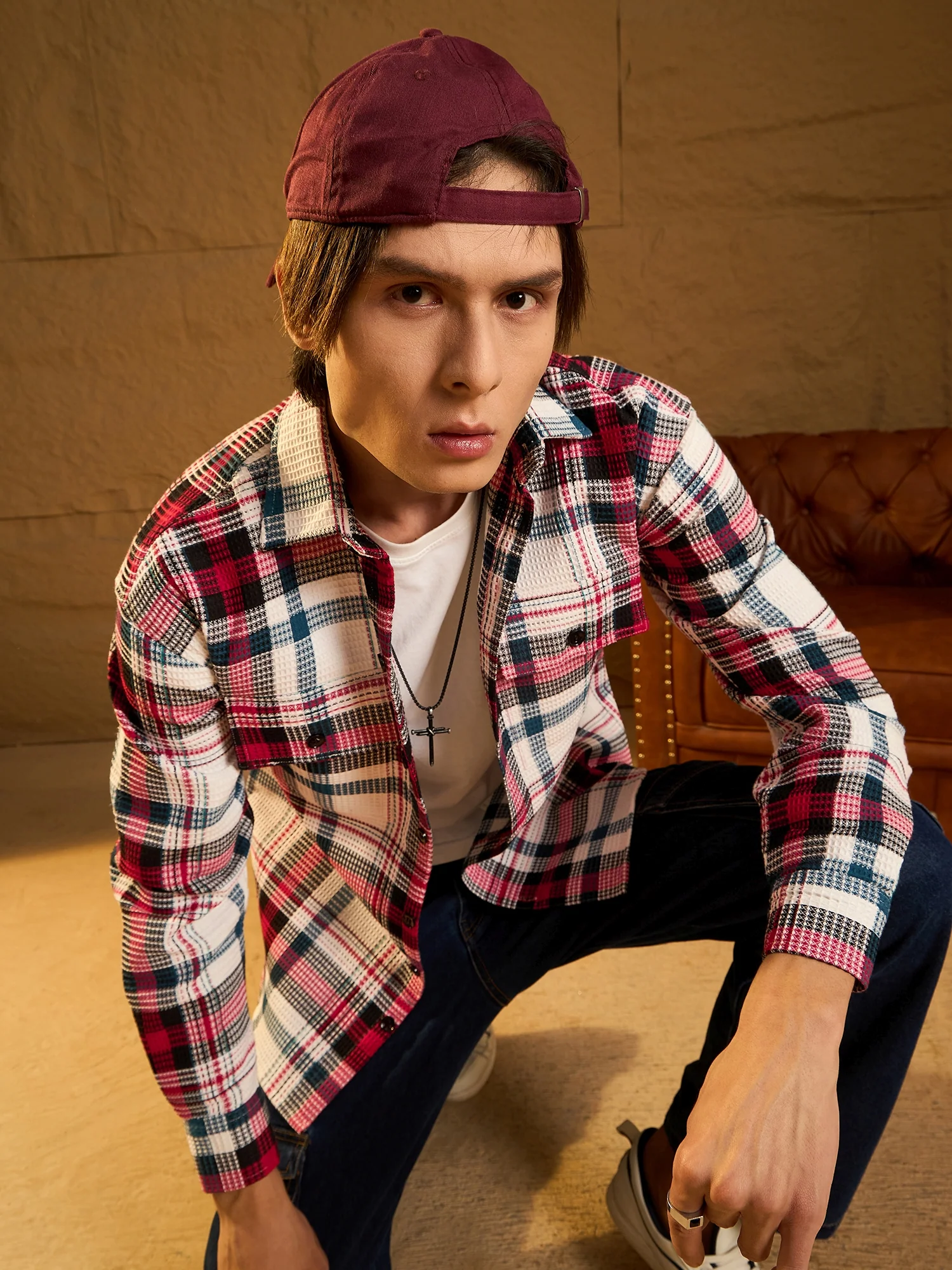 White & Red: Oversized Cotton Checked Shacket
