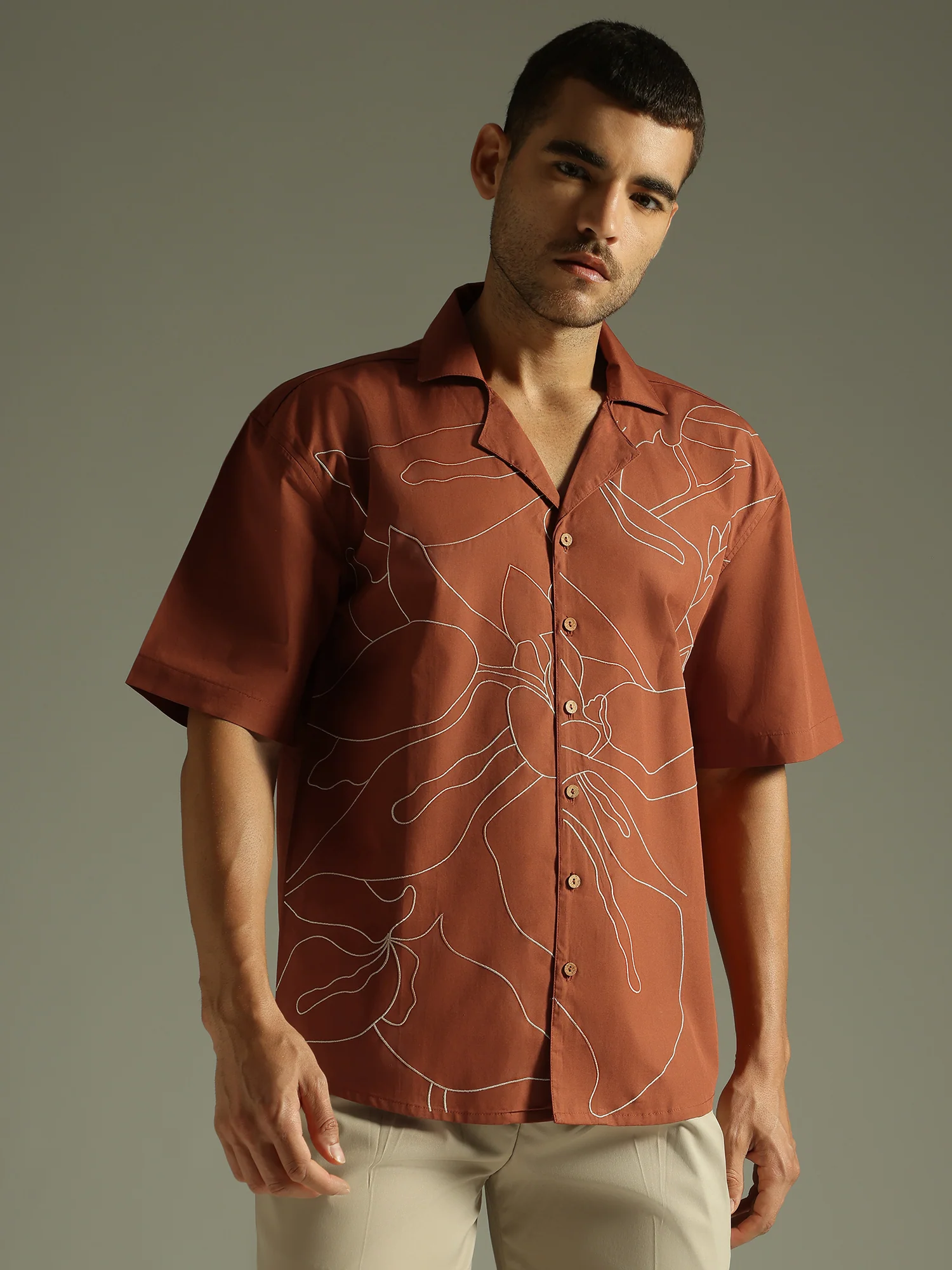 Rust: Embroidered Drop Shoulder Oversized Shirt