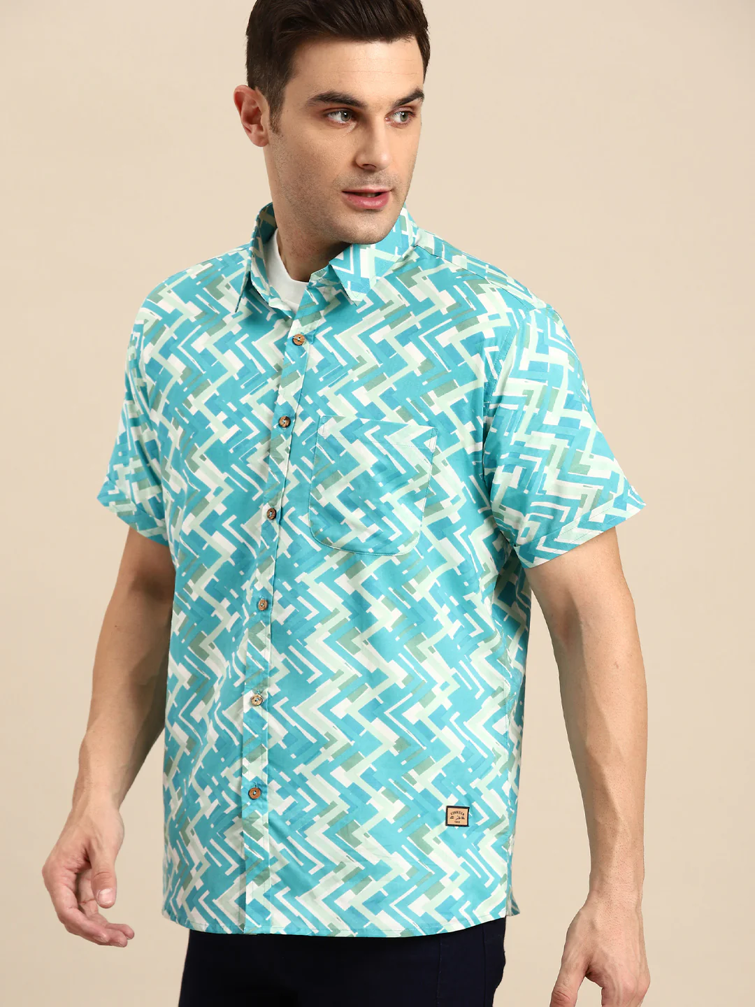 Blue: Half Sleeves Block Printed Shirt
