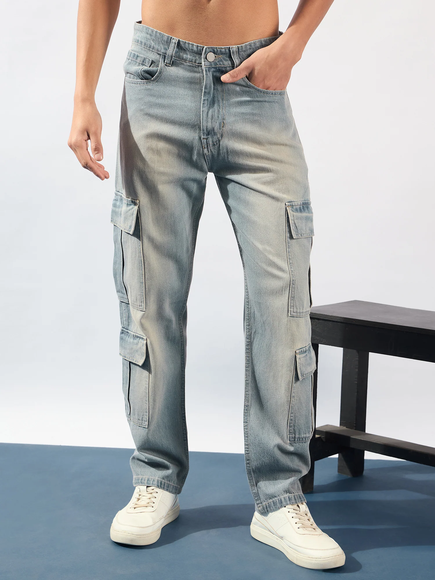 Blue: Korean Baggy Fit Cargo Jeans