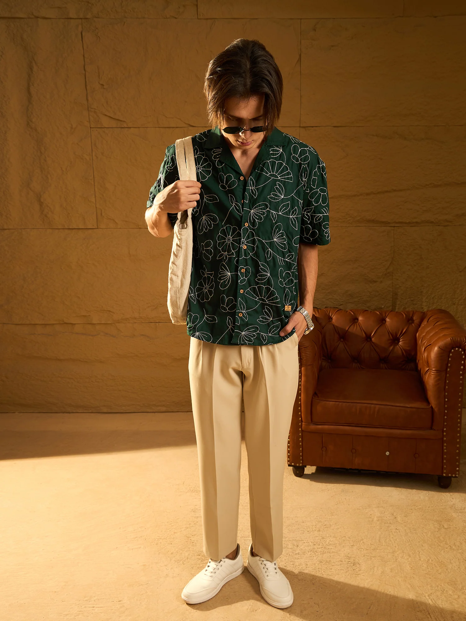 Green: Half Sleeves Embroidery Oversized Shirt