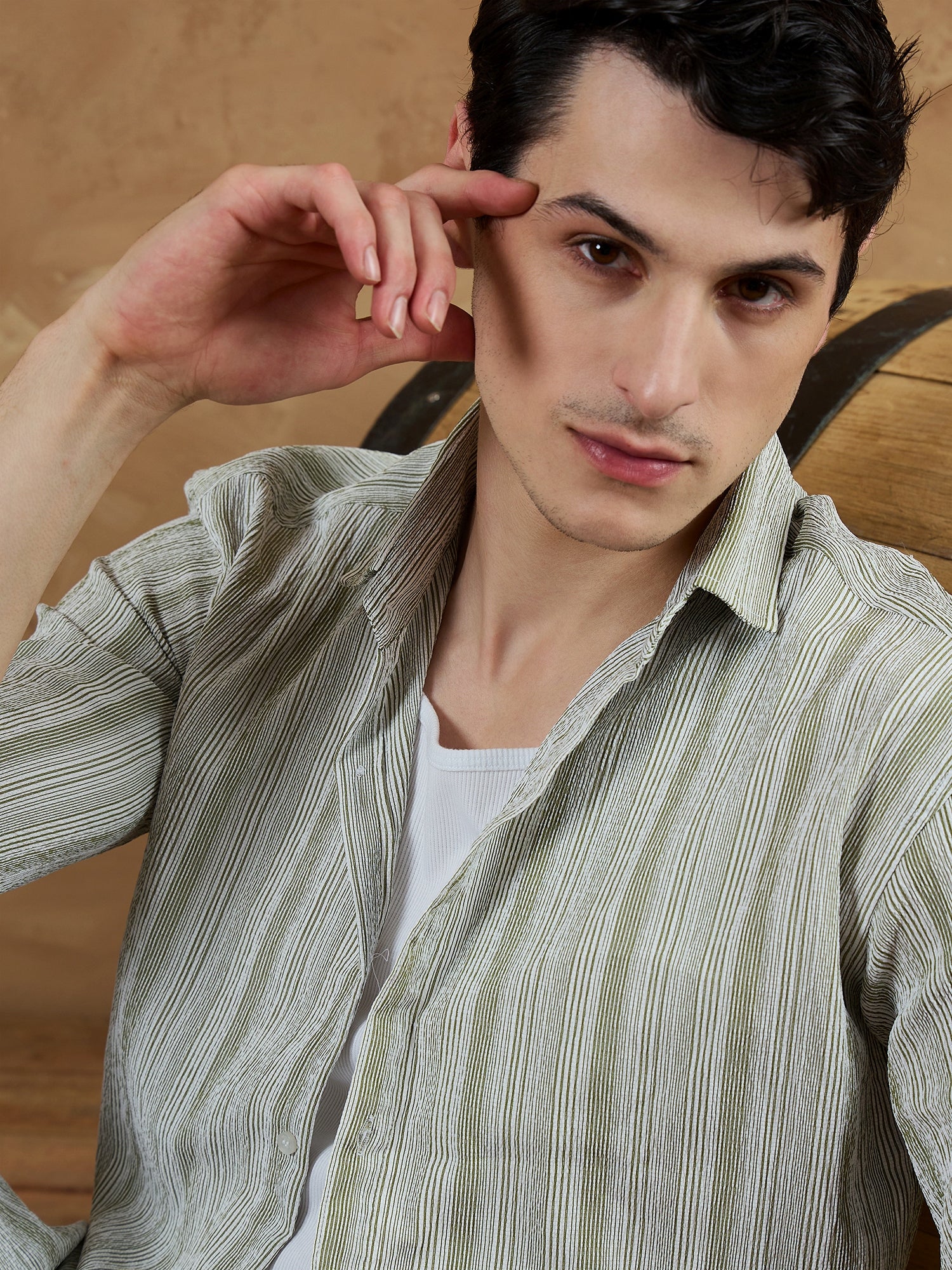 Olive Green & White: Striped Oversized Casual Shirt