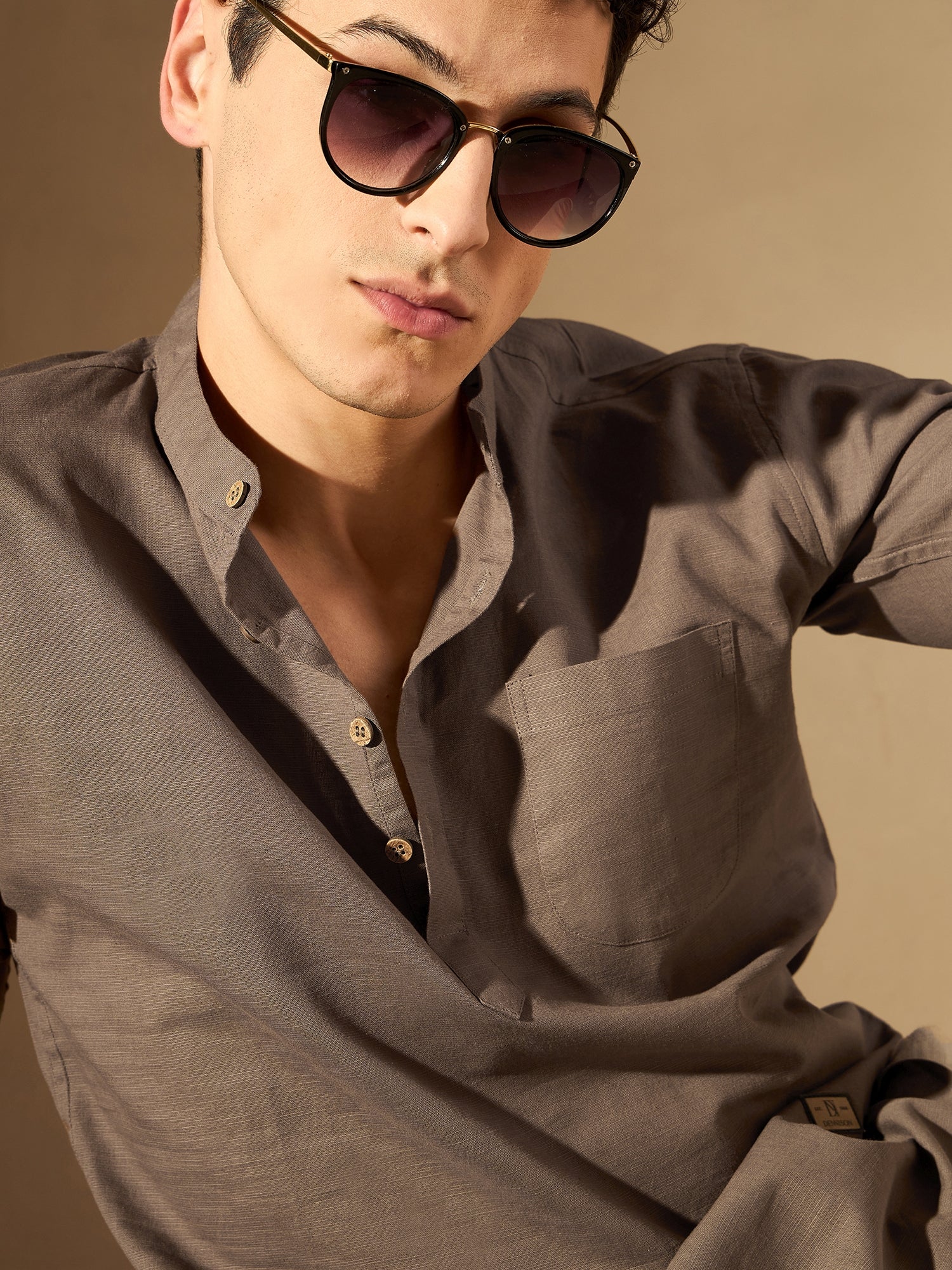 Brown: Band Collar Short Kurta
