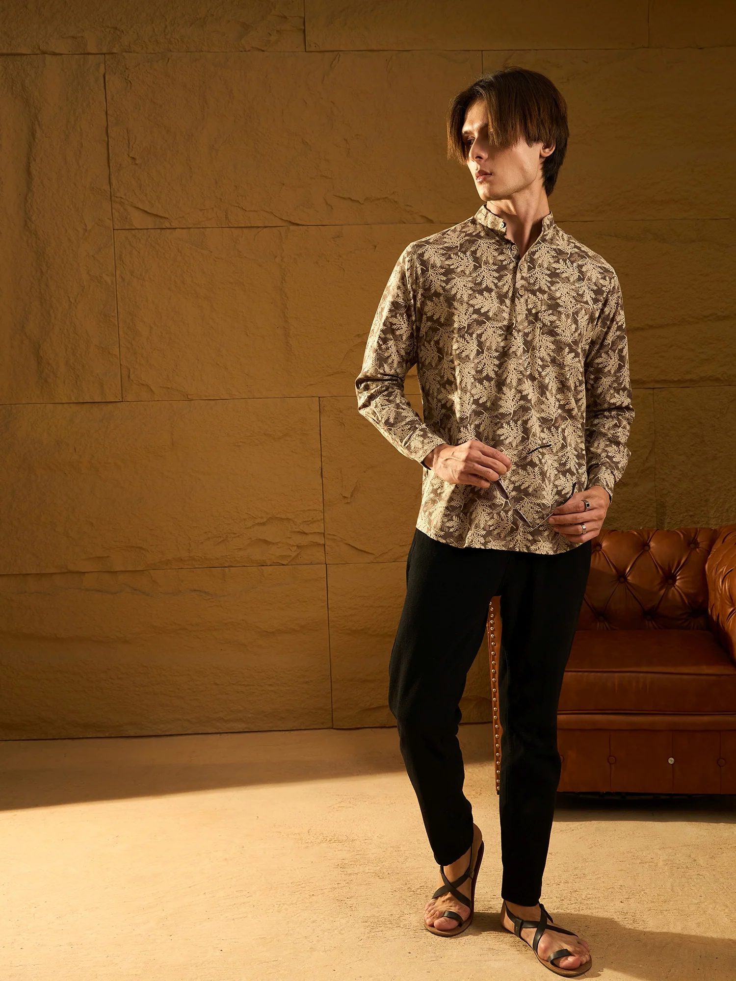 Grey & Cream: Block Printed Casual Short Kurta