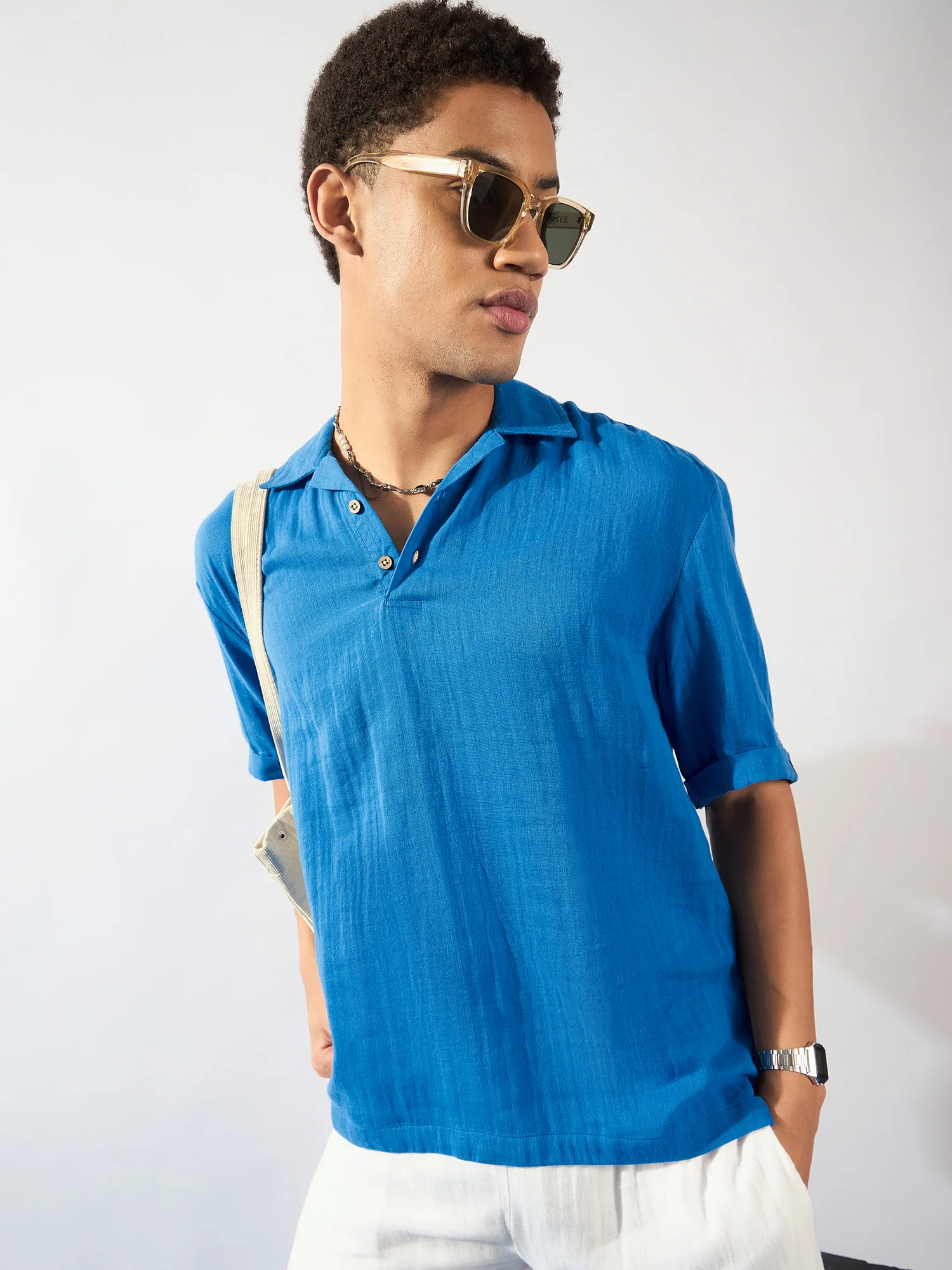 Blue: Half Sleeves Muslin Oversized Kurta Shirt