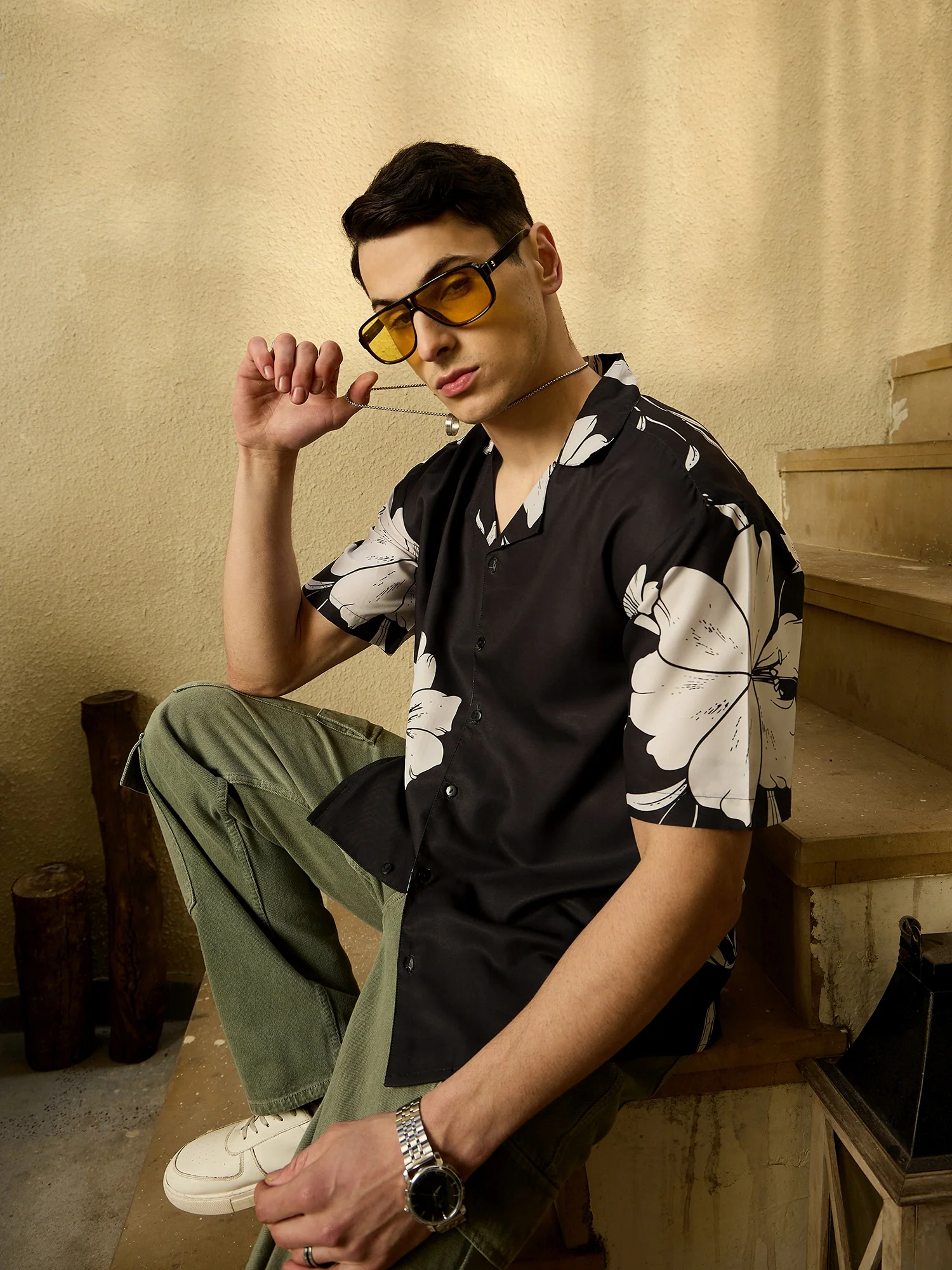 Black & White: Half Sleeves Floral Printed Shirt