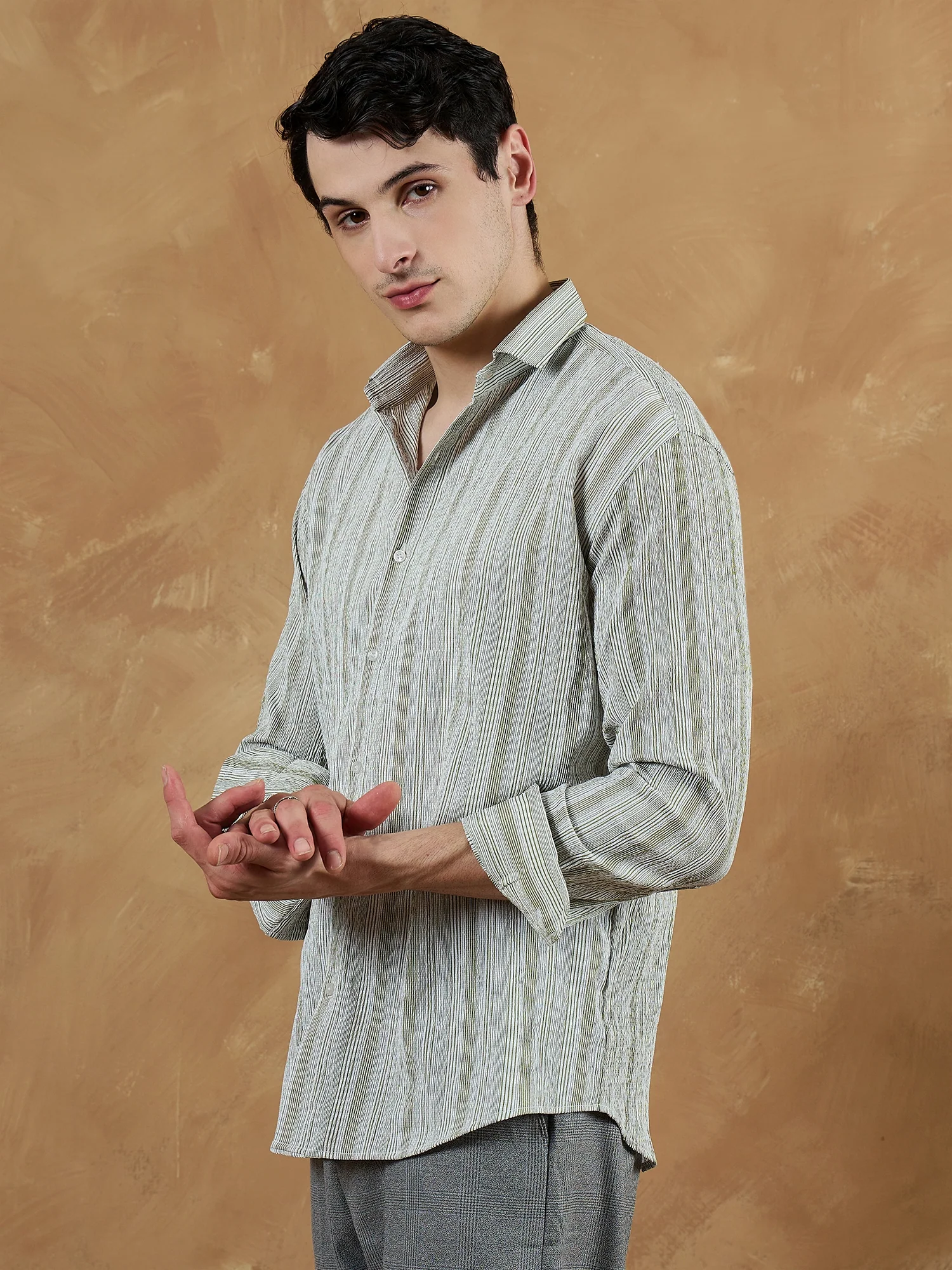 Olive Green & White: Striped Oversized Casual Shirt
