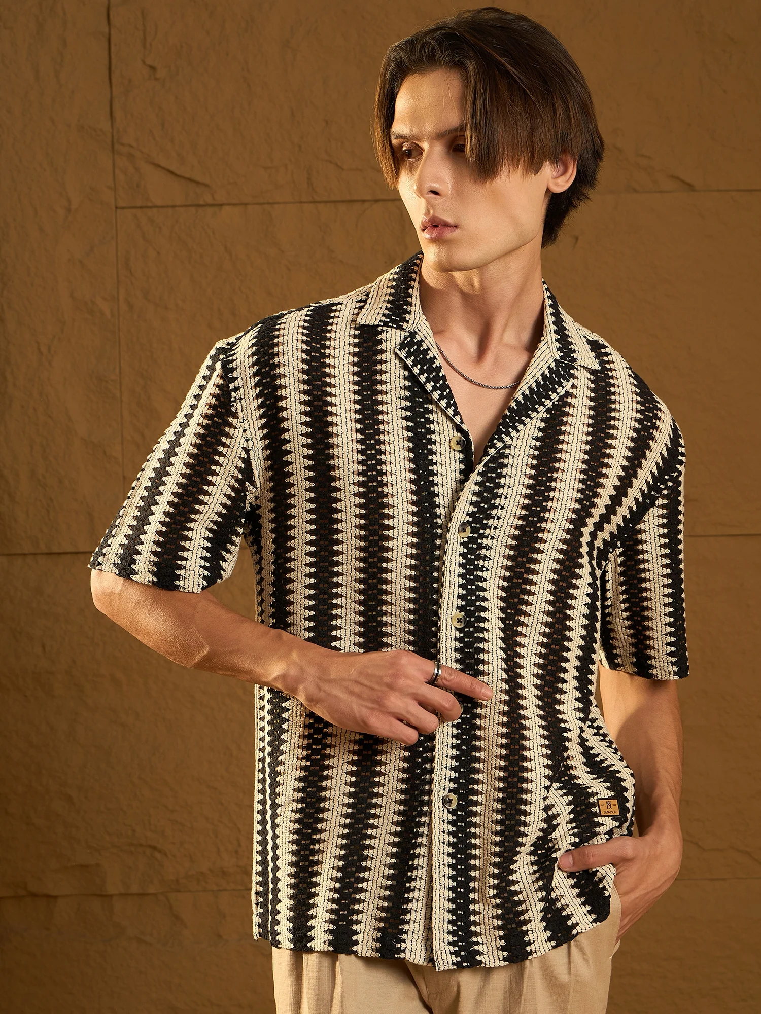 Cream & Black: Half Sleeves Crochet Zig Zag Stripes Shirt