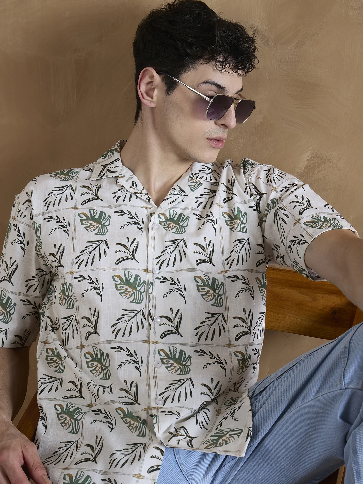 Cream: Half Sleeves Tropical Printed Shirt