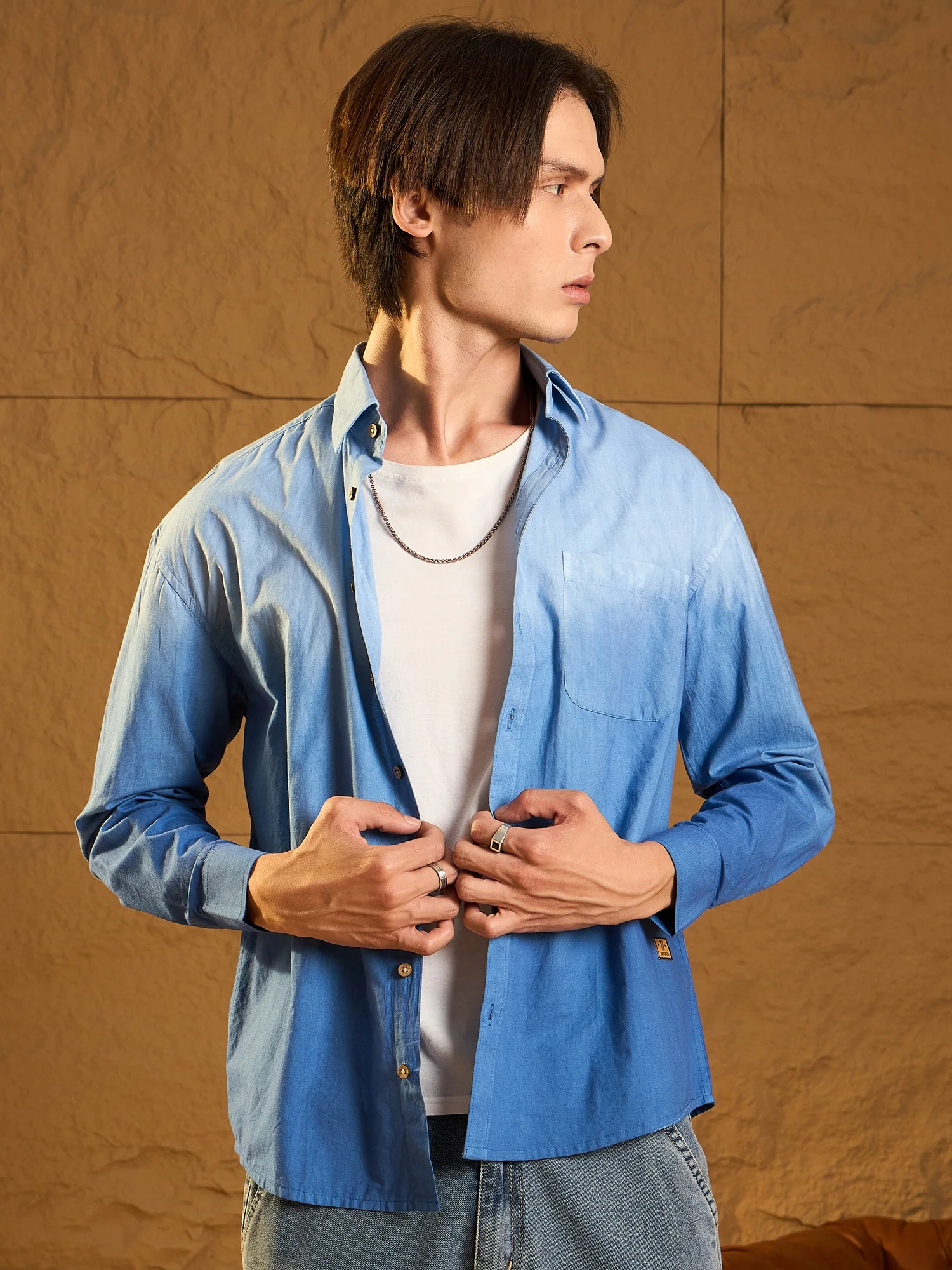 Blue: Full Sleeves Oversized Ombre Shirt