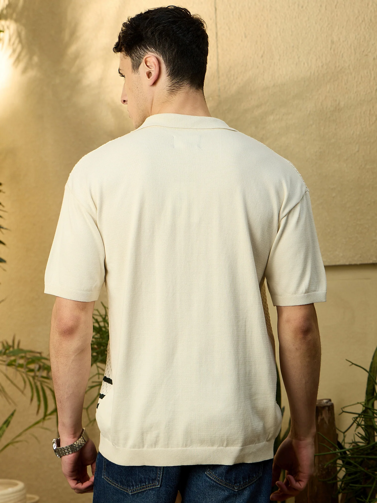 White and Green: Oversized Front Open Knit T-Shirt