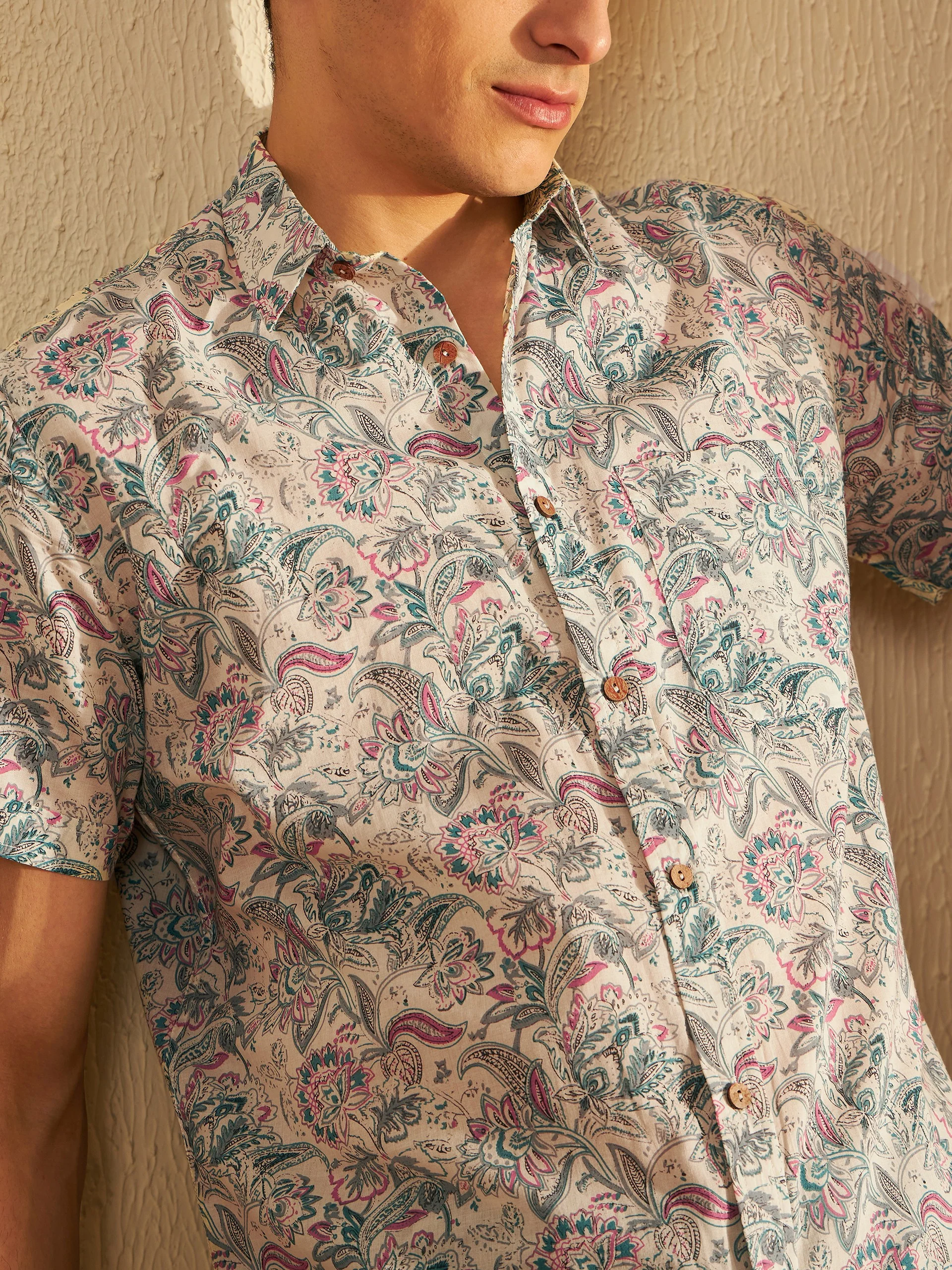 Cream & Blue: Half Sleeves Block Printed Shirt