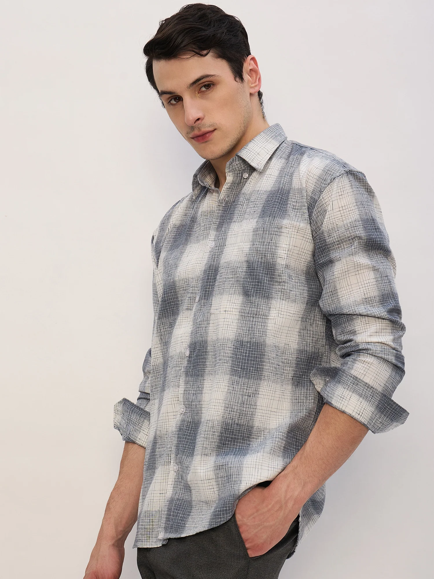 Grey & White: Full Sleeves Checkered Shirt