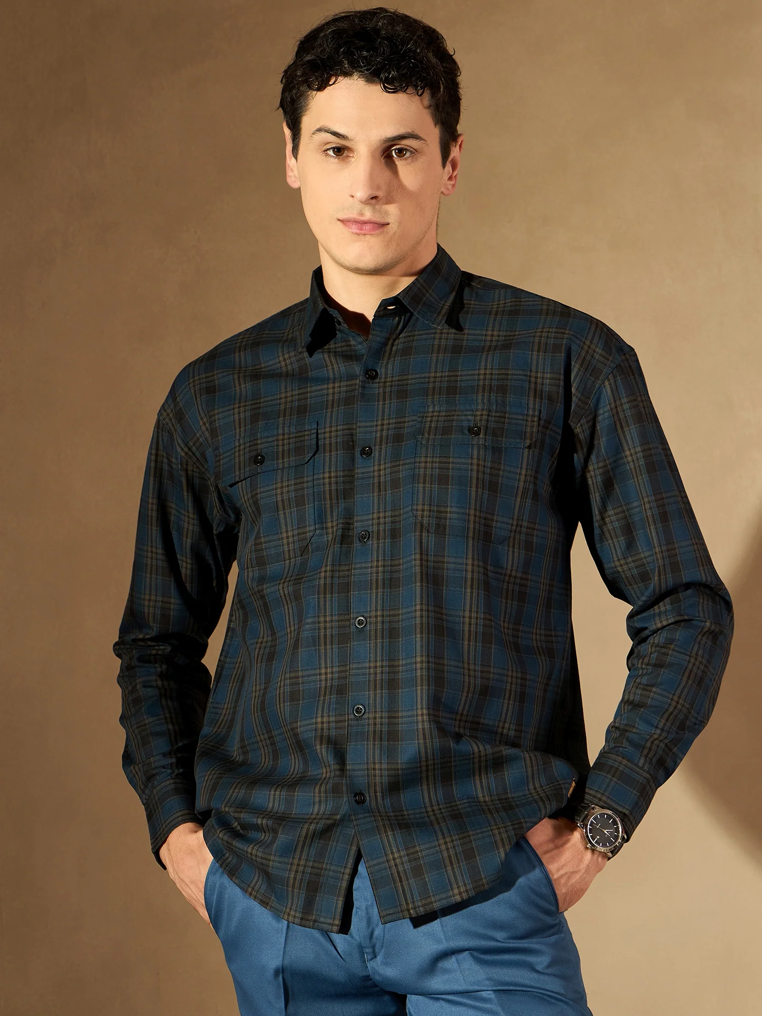 Teal & Dark Blue Double Pocket Checked Shirt
