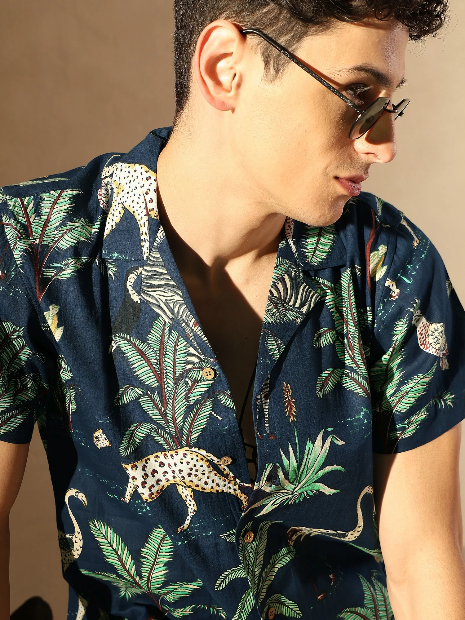 Navy Blue: Half Sleeves Block Printed Shirt