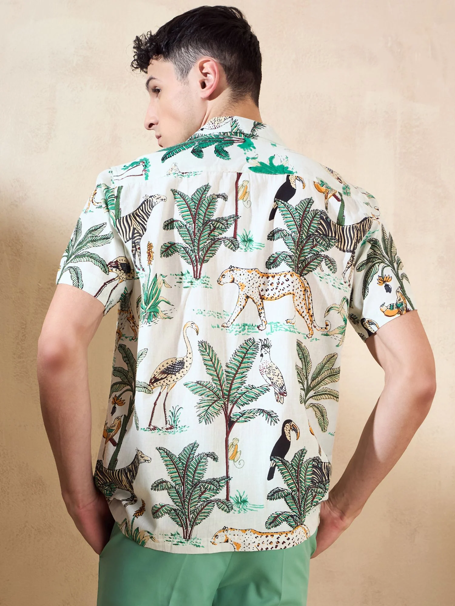 Cream: Half Sleeves Casual Printed Shirt