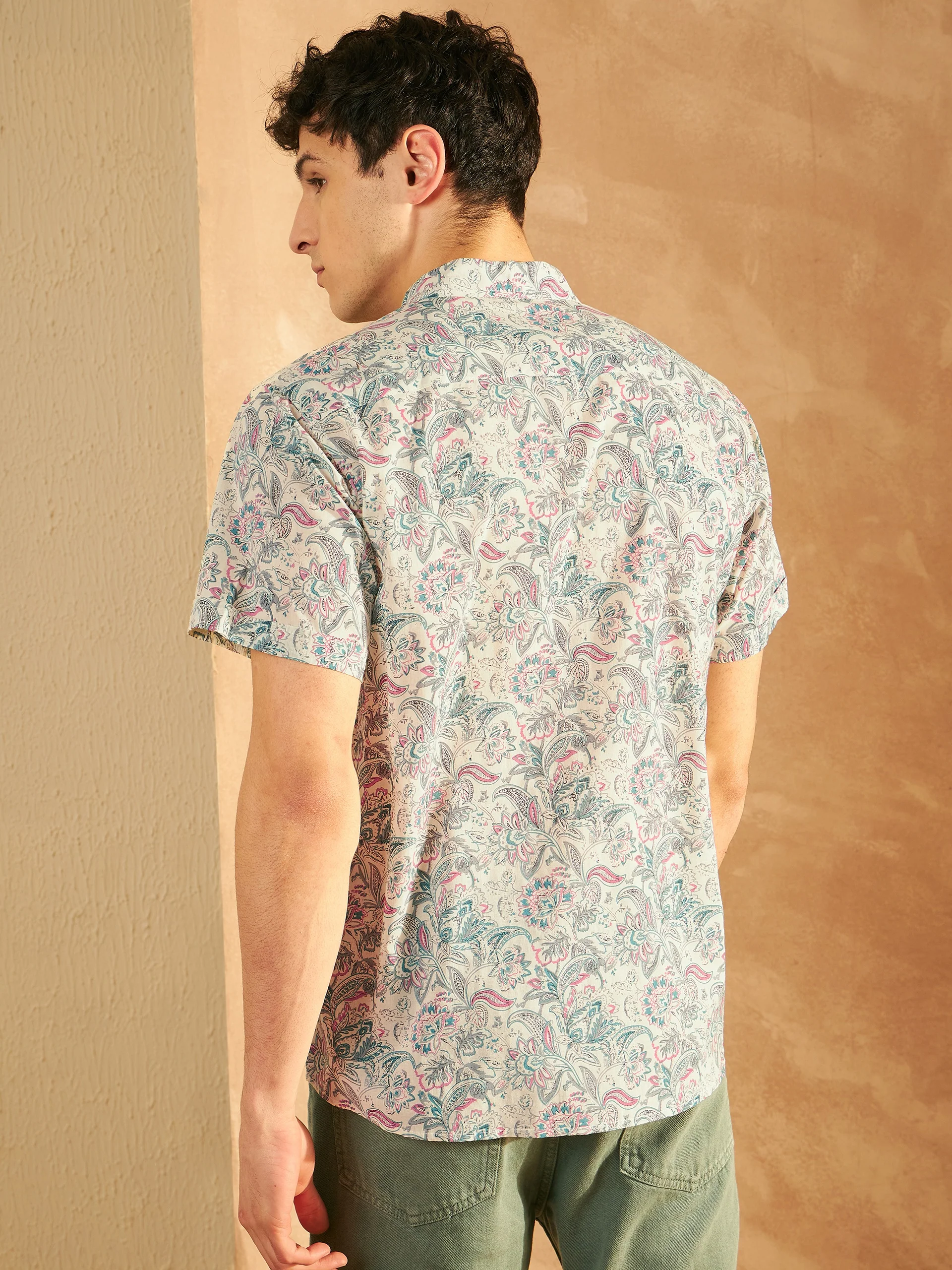 Cream & Blue: Half Sleeves Block Printed Shirt