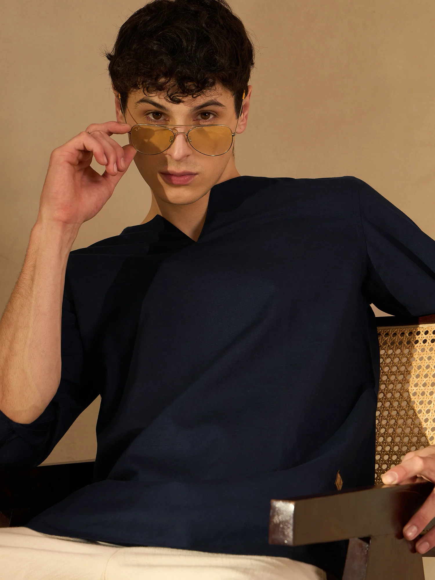 DENNISON Men Navy Blue Solid Pure Cotton Indigo Kurta