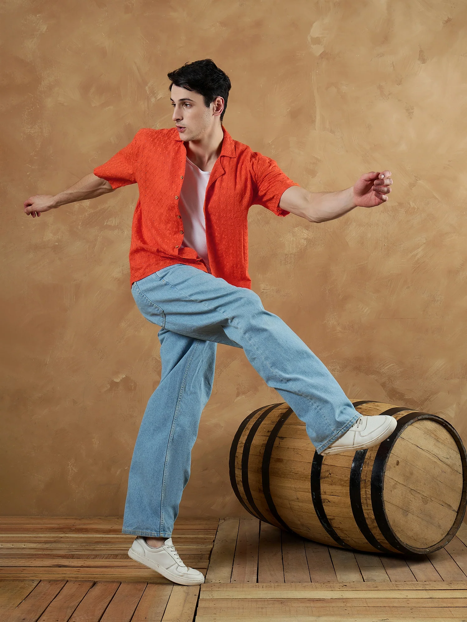 Orange: Half Sleeves Schiffli Oversized Shirt