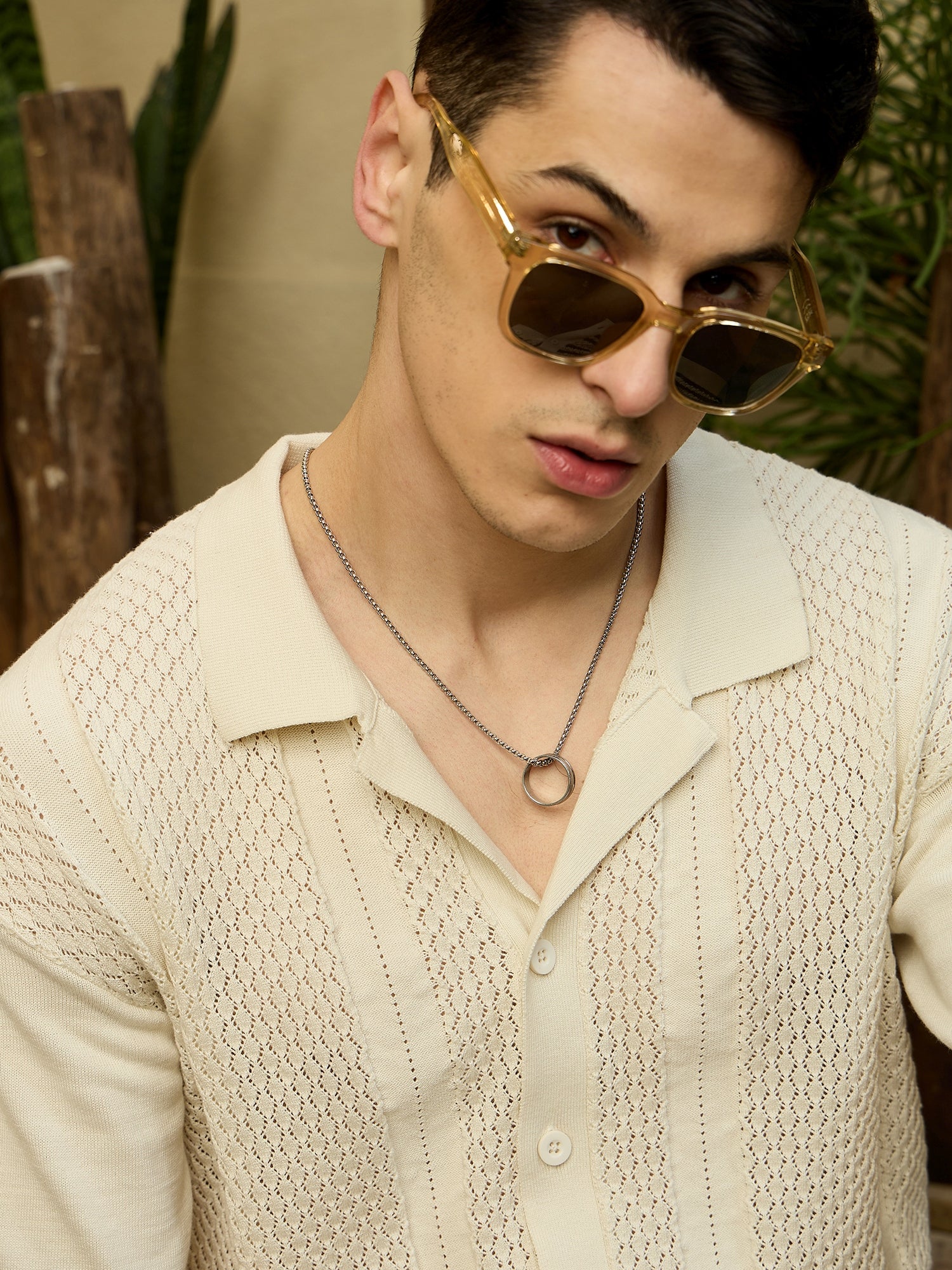 White and Green: Oversized Front Open Knit T-Shirt