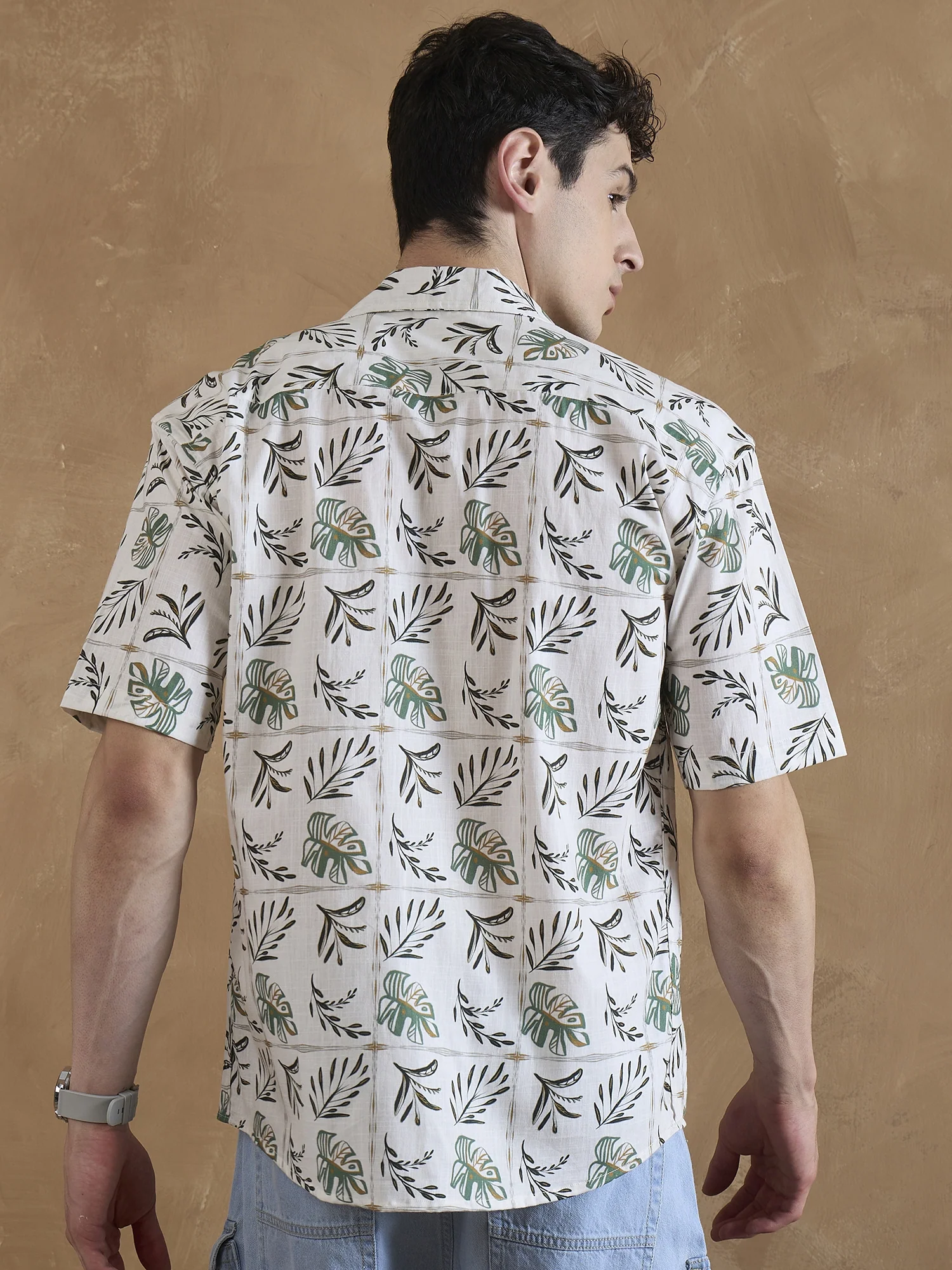 Cream: Half Sleeves Tropical Printed Shirt